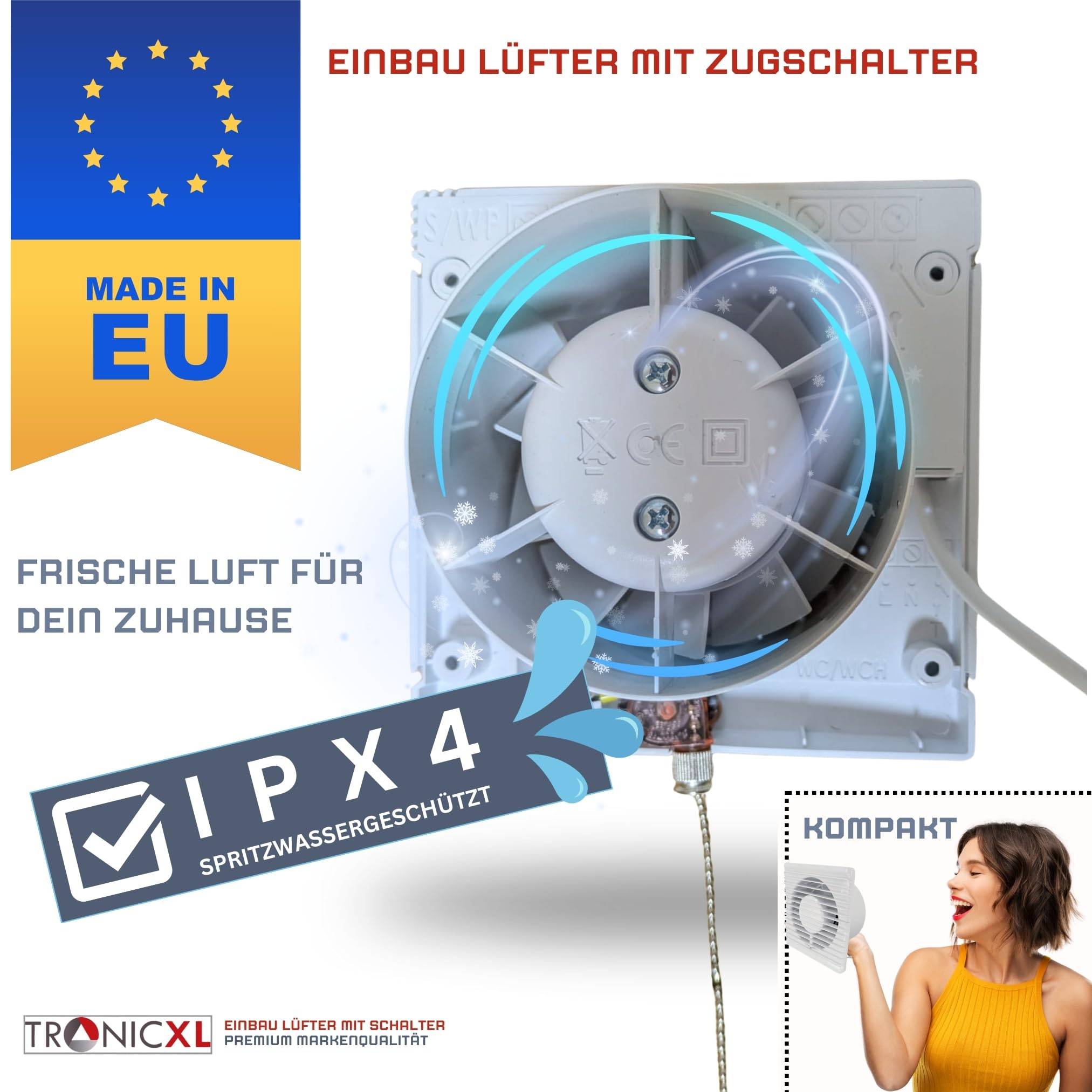 230V Badlüfter mit Kabel Schalter Stecker IPX4 100mm Abluft Zuluft Lüfter Ventilator mit Netzstecker WC Toilette Keller