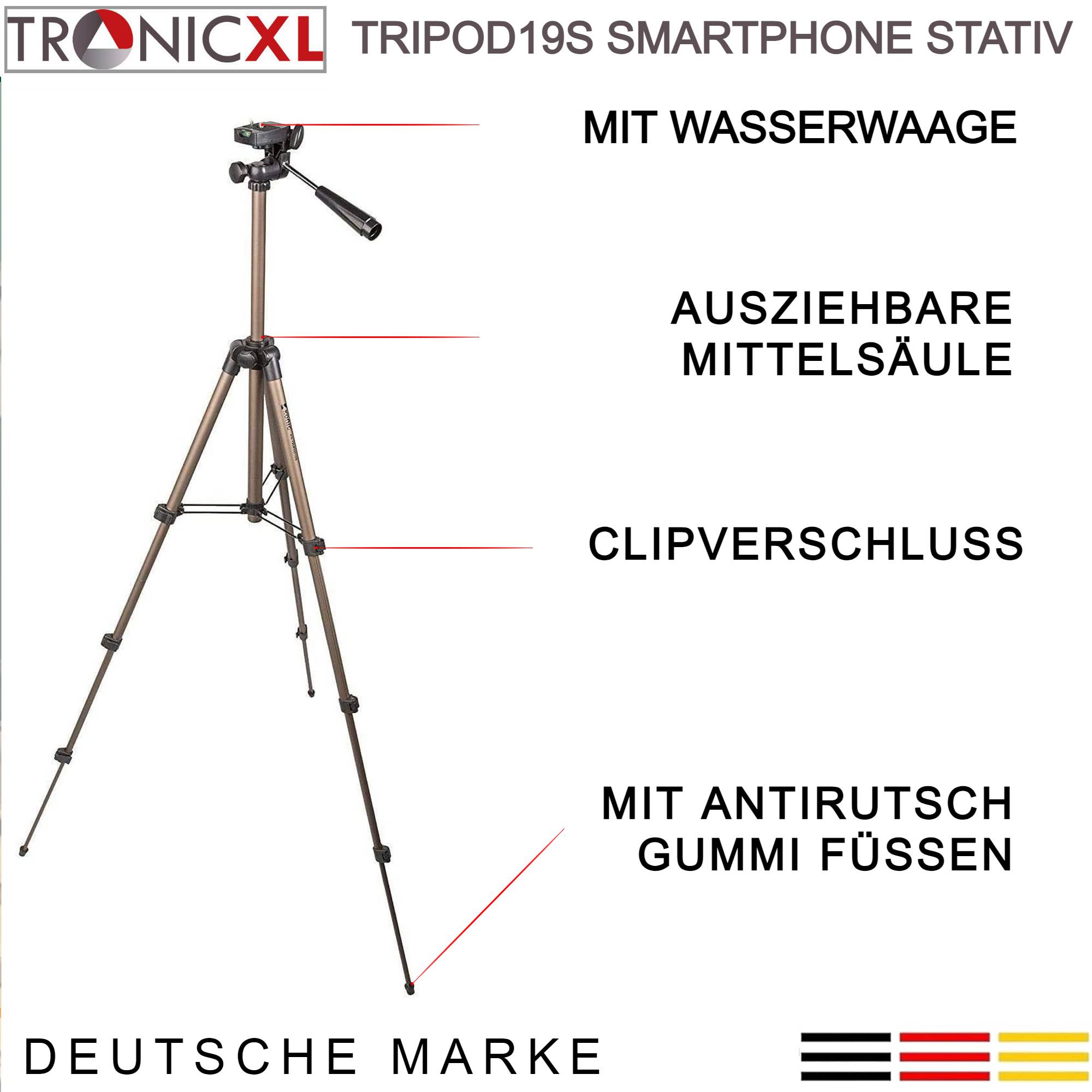 TRIPOD19 S Alu Tripod für Smartphone iphone Stativ 105cm Kamerastativ Foto Video Handy leicht stabil flexibel ideal für unterwegs