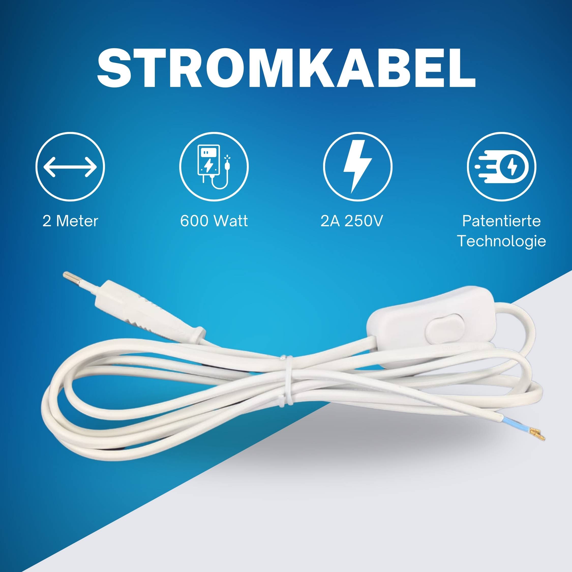 2x Netzkabel Euro H03VVH2-F Stromkabel mit Stecker und Schalter 2m I EIN- Ausschalter Power Cable Cord für Lampen Leuchten Lüfter Klein Elektro Ersa