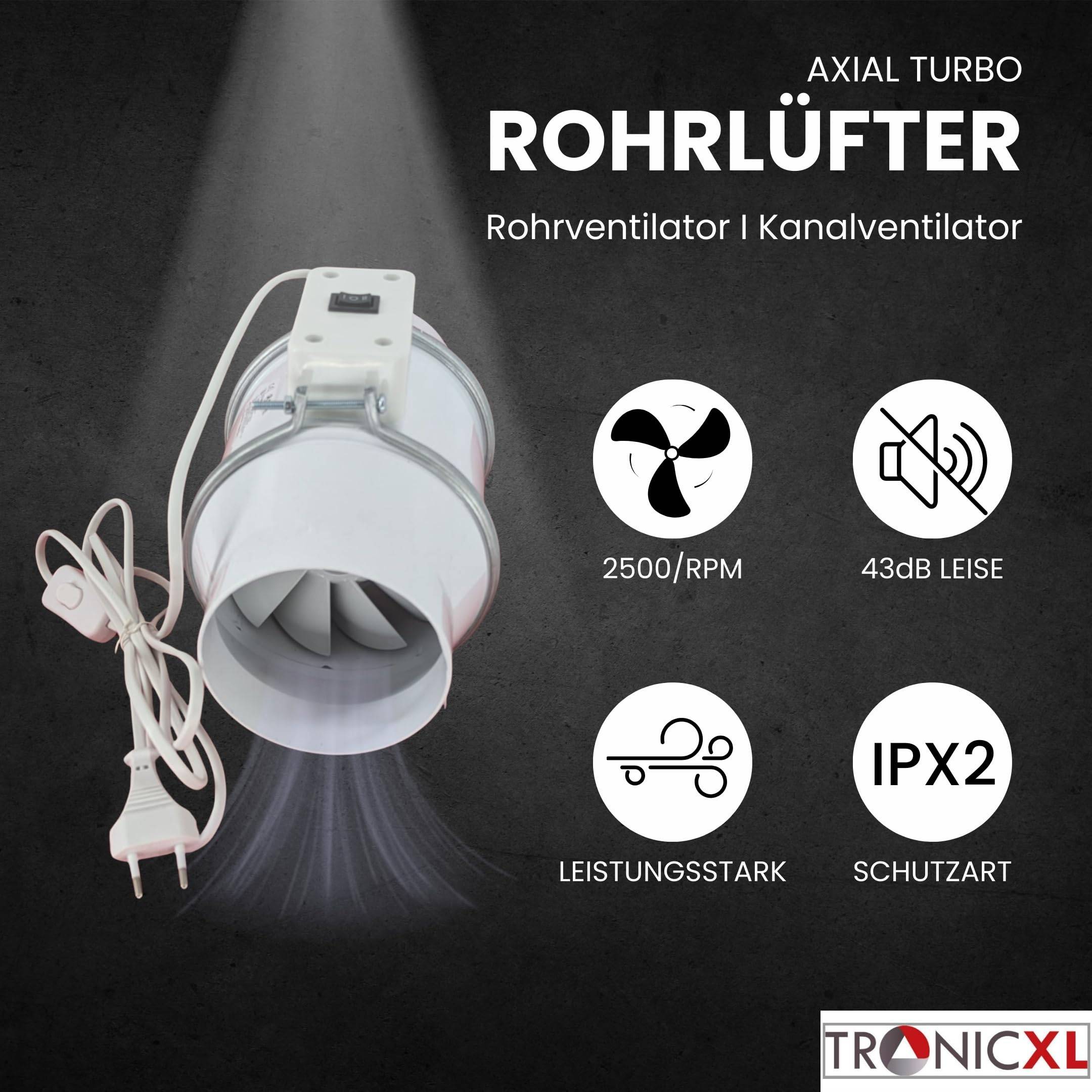 100mm Turboventilator Axial Rohrventilator regelbar mit Kabel Stecker Schalter 230V Steckdose ROhrlüfter Abluft Zuluft