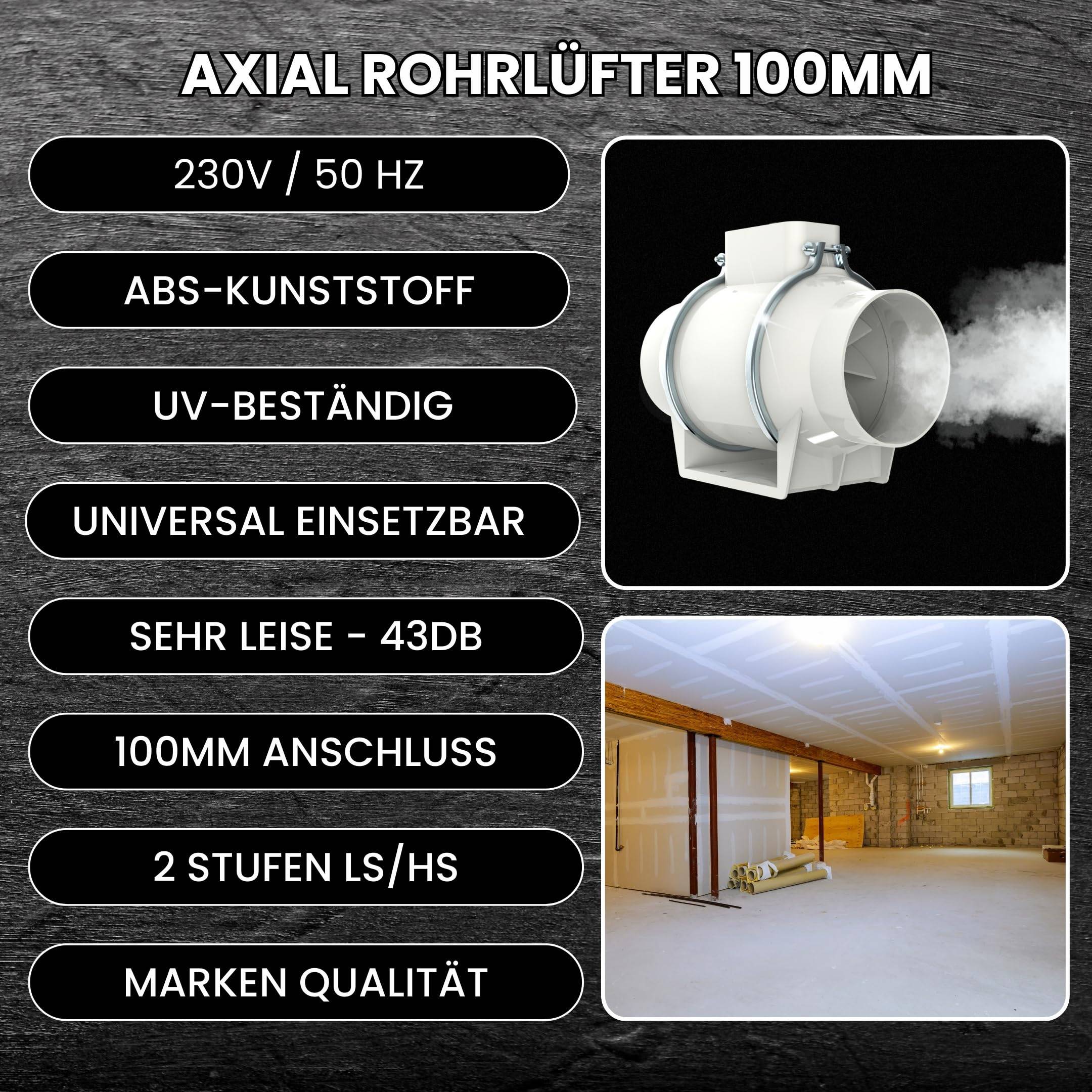 100mm Turboventilator Axial Rohrventilator regelbar mit Kabel Stecker Schalter 230V Steckdose ROhrlüfter Abluft Zuluft