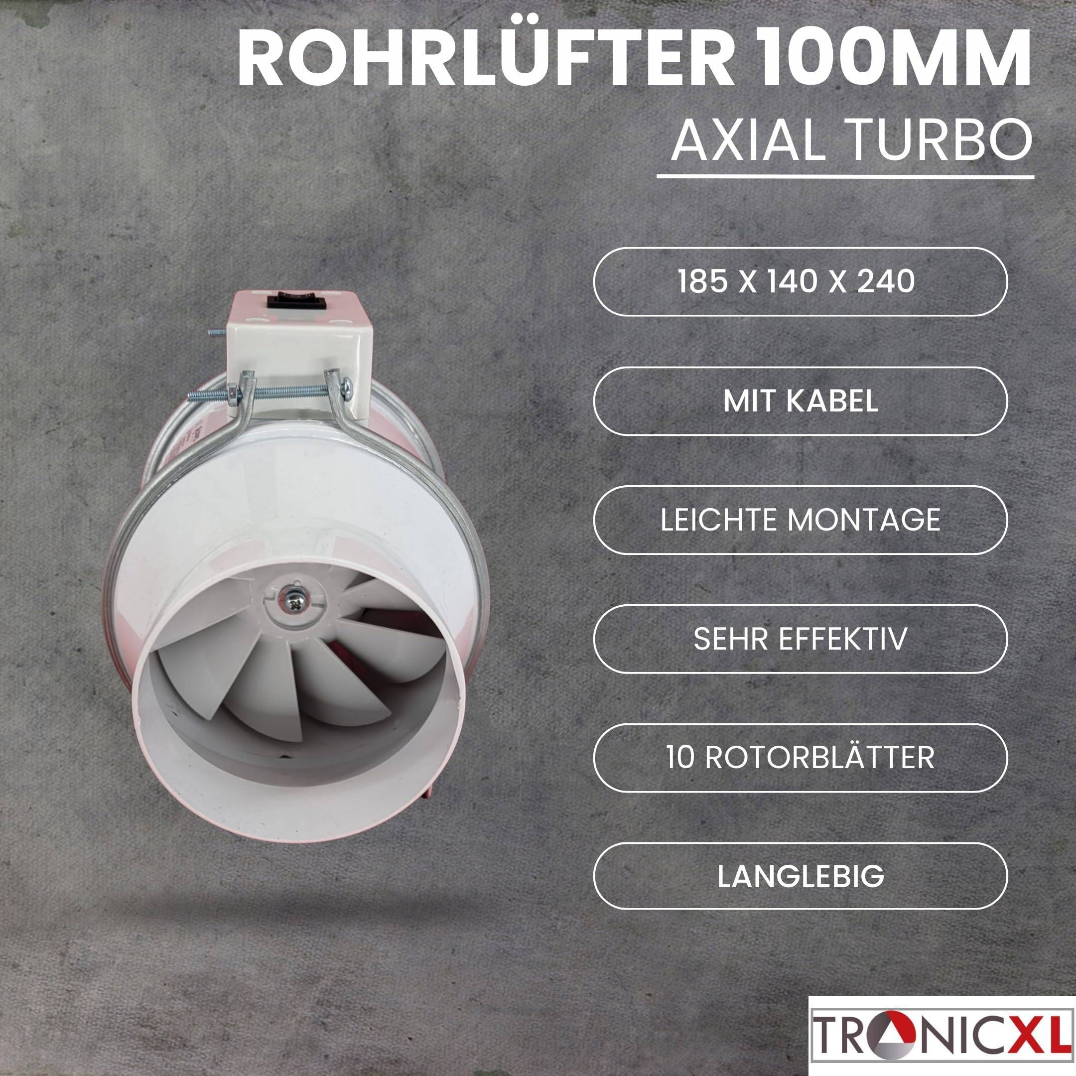 100mm Turboventilator Axial Rohrventilator regelbar mit Kabel Stecker Schalter 230V Steckdose ROhrlüfter Abluft Zuluft
