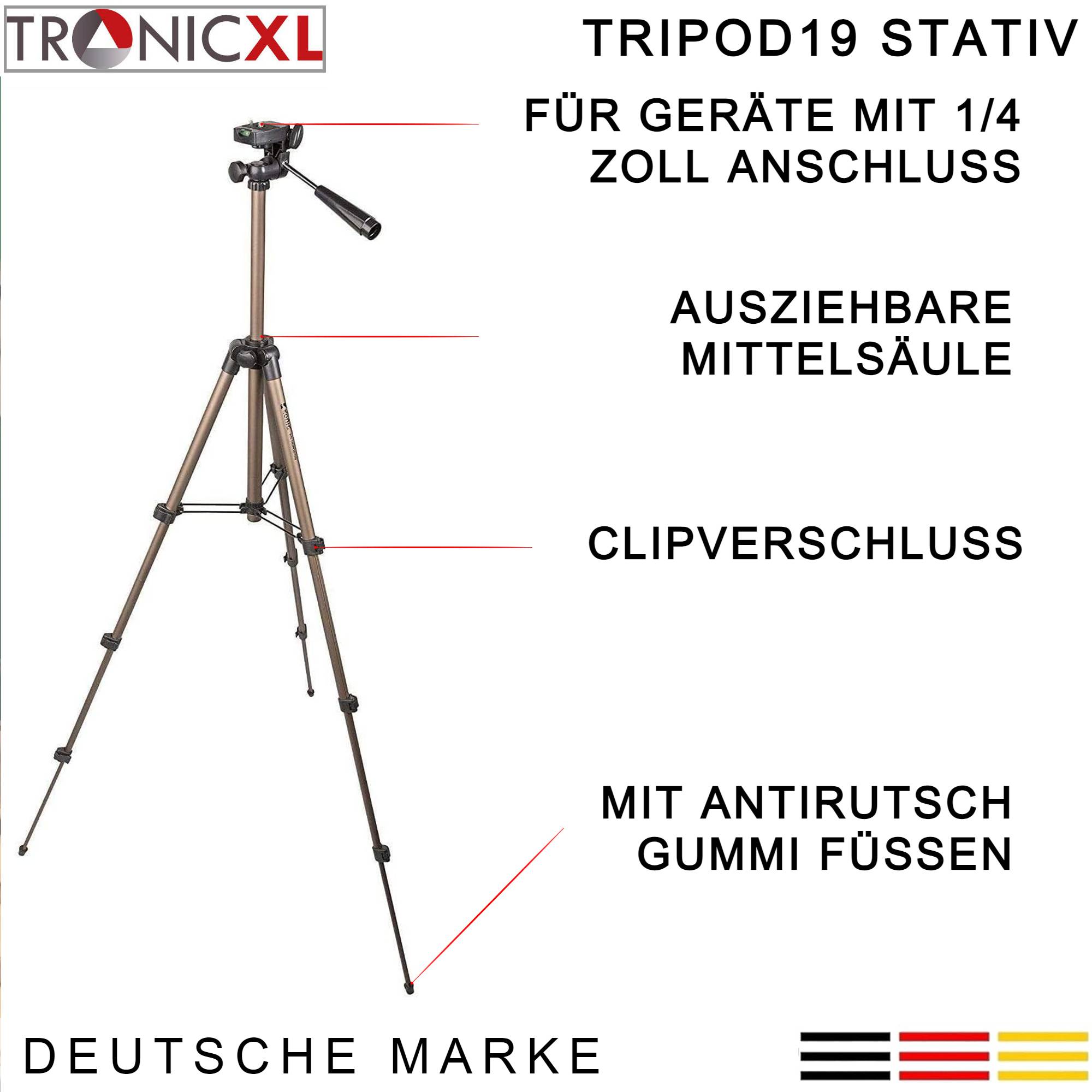 TronicXL Tripod 19 Universal Kamera Stativ 105cm + Tasche kompakt Wasserwaage Tripod19 für Nikon Canon Sony Polaroid