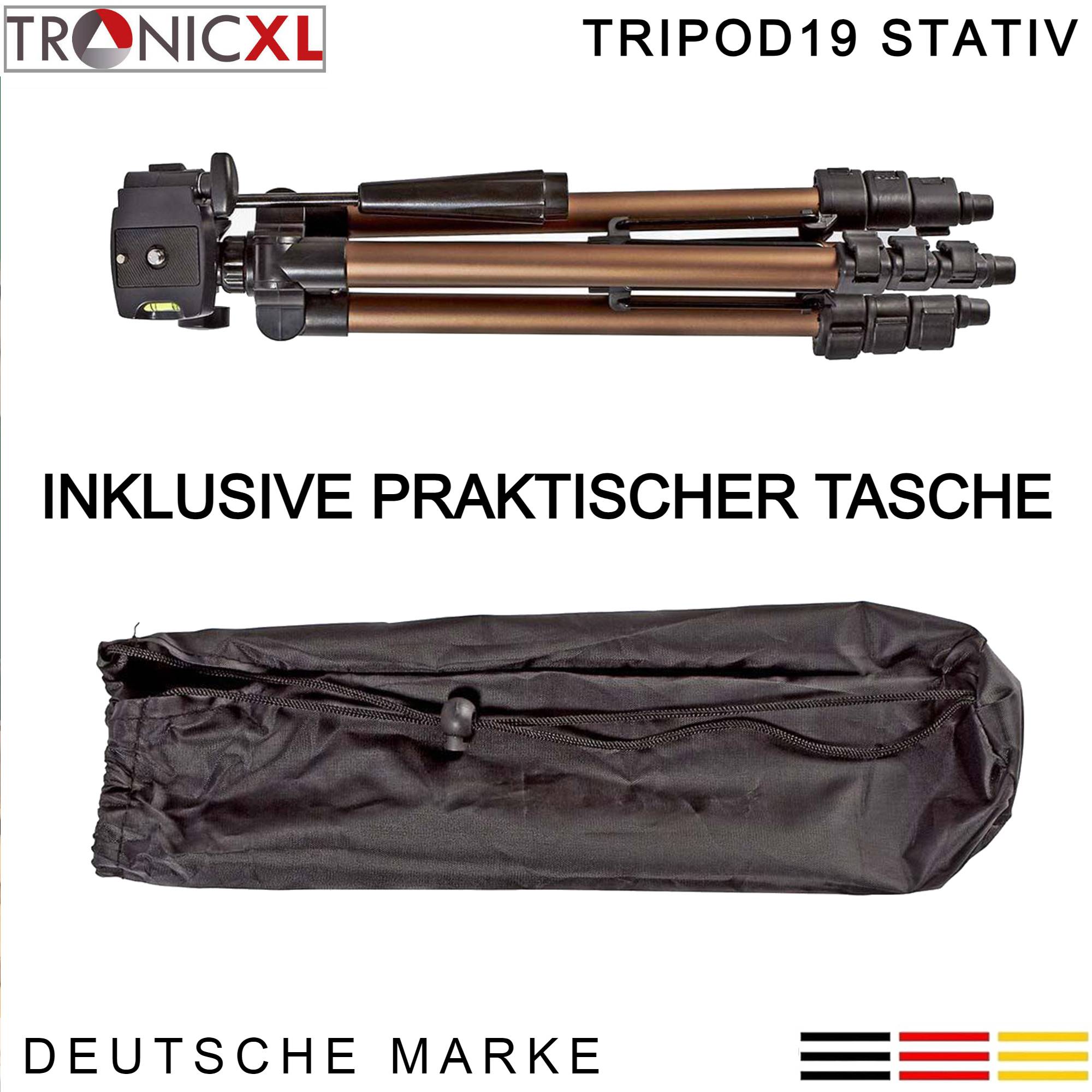 TronicXL Tripod 19 Universal Kamera Stativ 105cm + Tasche kompakt Wasserwaage Tripod19 für Nikon Canon Sony Polaroid