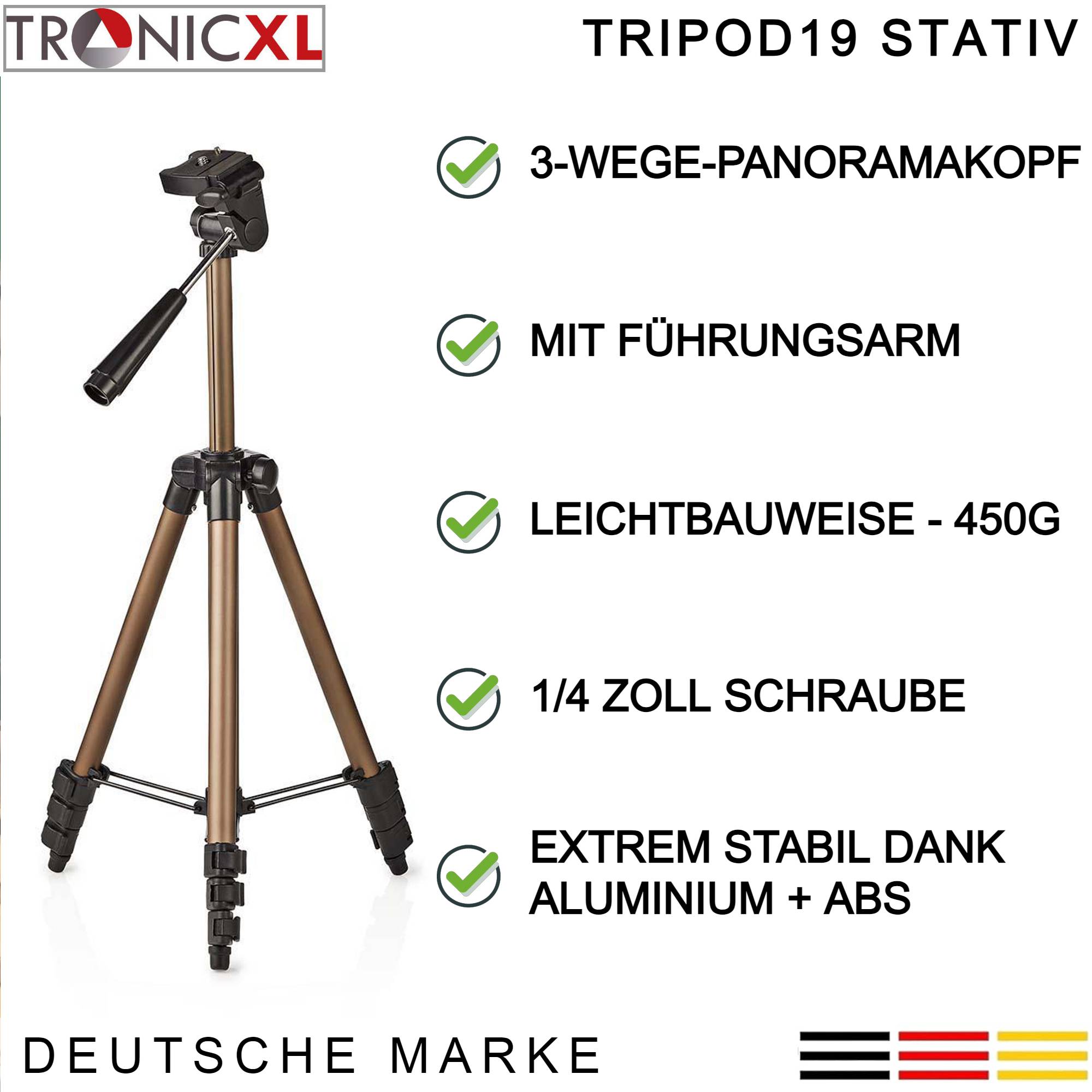 TronicXL Tripod 19 Universal Kamera Stativ 105cm + Tasche kompakt Wasserwaage Tripod19 für Nikon Canon Sony Polaroid