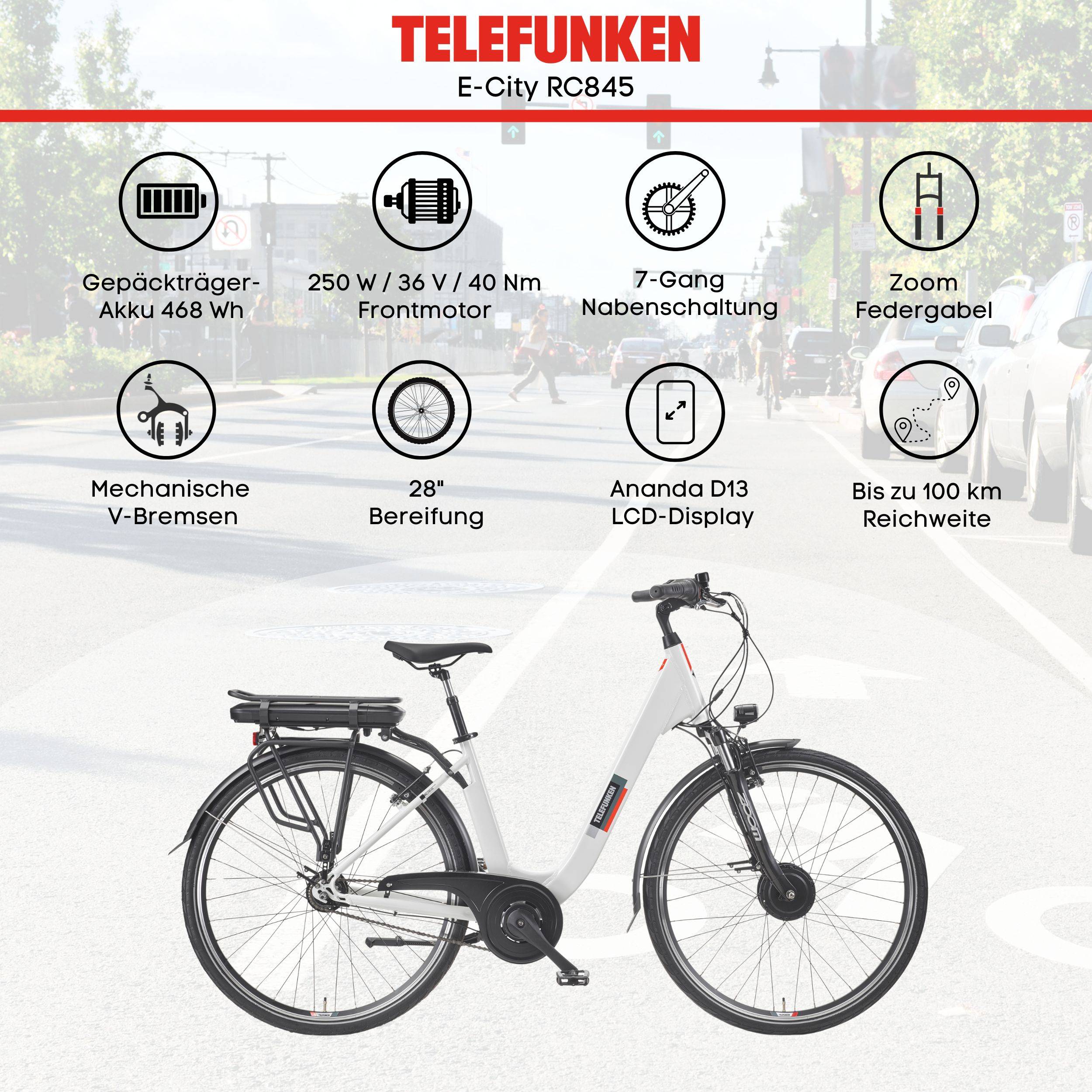 Telefunken City E-Bike | Elektrofahrrad 28 Zoll | 7-Gang Nabenschaltung | Frontmotor 250 W | 468 Wh Akku | EBike Pedelec