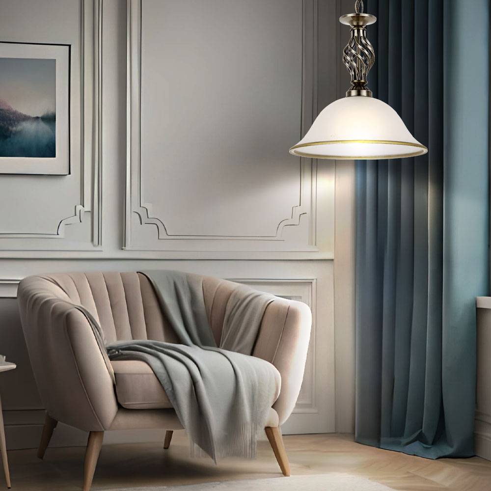 Hängeleuchte Pendellampe Glasleuchte Küchen Deckenleuchte Beleuchtung Glas satiniert, Lampenrand Altmessing, 1 x E27 Fassung, DxH 30x120 cm