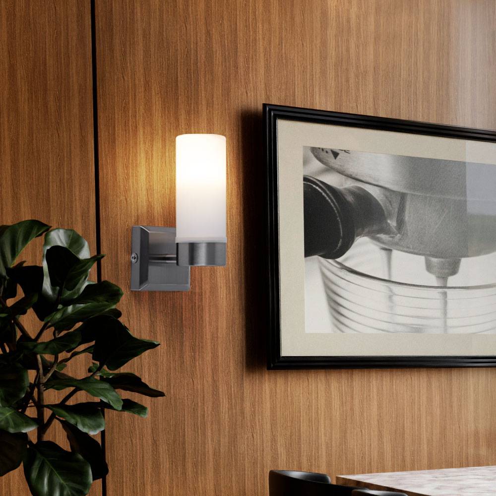 Wandleuchte Glas IP44 Badezimmerleuchte Opalglas Wandlampe Badezimmer, Metall nickel-matt, 1x E14 Fassung, HxT 18,5x11,5, 2er Set