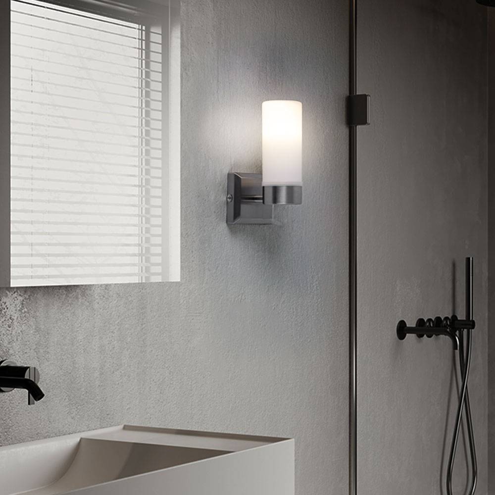 LED Wandleuchte Glas IP44 Badezimmerleuchte Opalglas Wandlampe Badezimmer, Metall nickel-matt, 1x 6W 300Lm warmweiß, HxT 18,5x11,5 cm