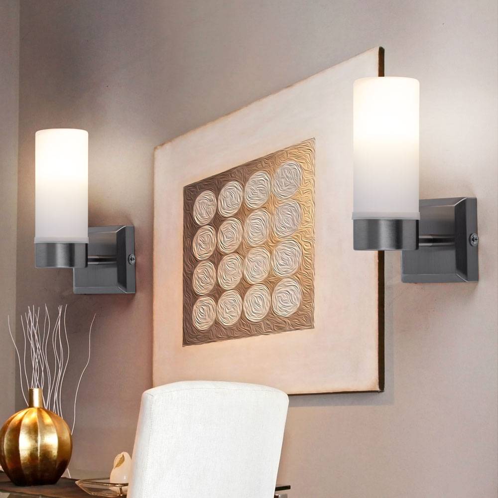 LED Wandleuchte Glas IP44 Badezimmerleuchte Opalglas Wandlampe Badezimmer, Metall nickel-matt, 1x 6W 300Lm warmweiß, HxT 18,5x11,5 cm, 2er Set
