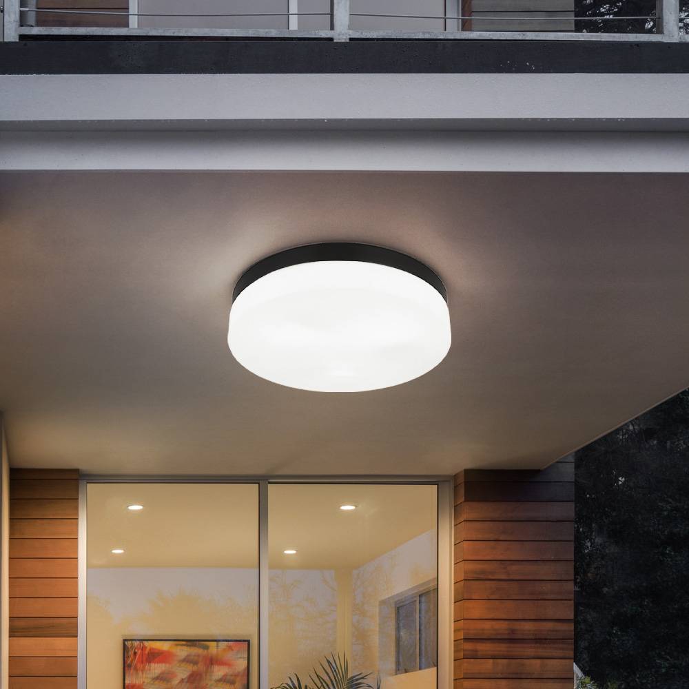 Deckenleuchte Badezimmerlampe Terrassenleuchte Außenleuchte Balkonlampe Wetterfest IP44, Aluminium Glas schwarz, 3x E27 Fassung, DxH 30x6,5 cm