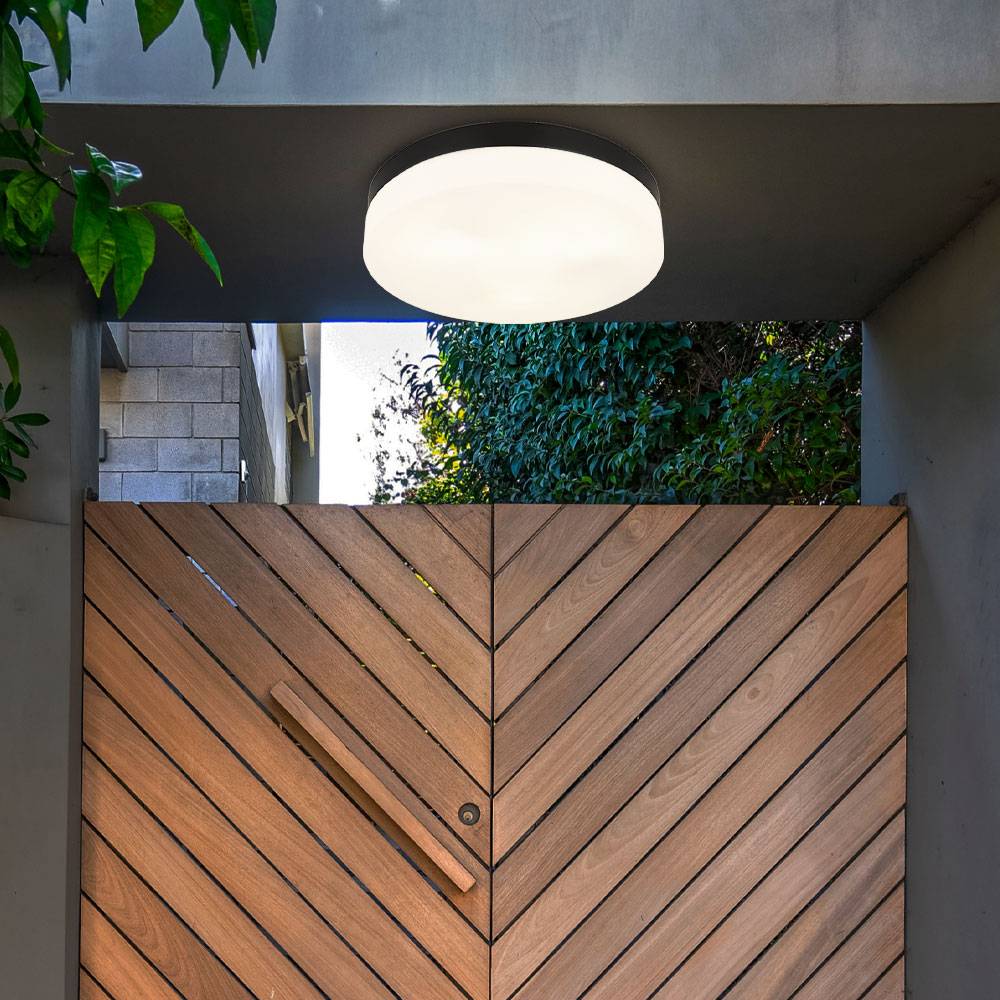 Deckenleuchte Badezimmerlampe Terrassenleuchte Außenleuchte Balkonlampe Wetterfest IP44, Aluminium Glas schwarz, 3x E27 Fassung, DxH 30x6,5 cm