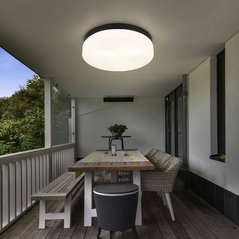 Deckenleuchte Badezimmerlampe Terrassenleuchte Außenleuchte Balkonlampe Wetterfest IP44, Aluminium Glas schwarz, 3x E27 Fassung, DxH 30x6,5 cm