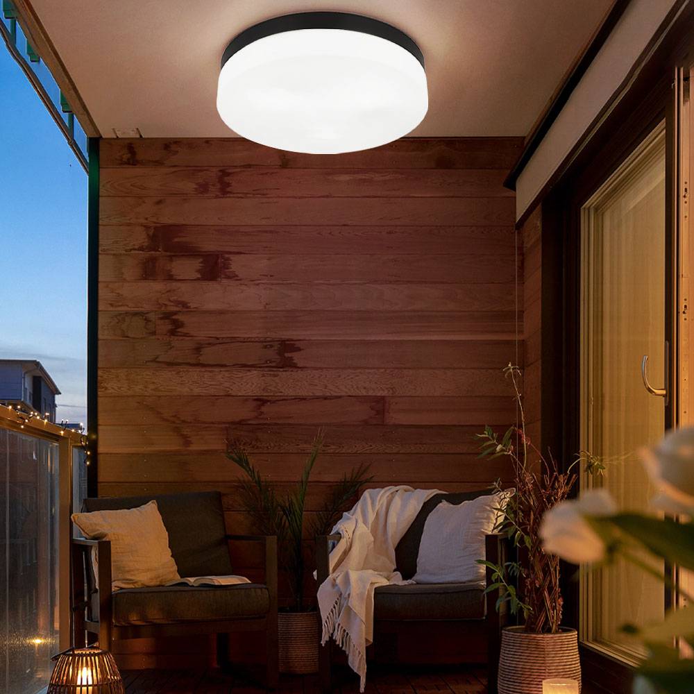 Deckenleuchte Badezimmerlampe Terrassenleuchte Außenleuchte Balkonlampe Wetterfest IP44, Aluminium Glas schwarz, 3x E27 Fassung, DxH 30x6,5 cm