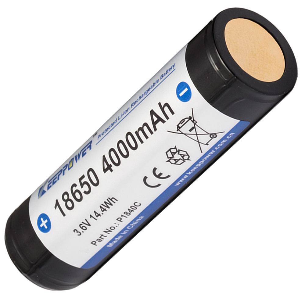 Zylindrischer wiederaufladbarer 18650-Lithium-Akku mit der Bezeichnung 4000mAh und 3,6V, dargestellt auf weißem Hintergrund.