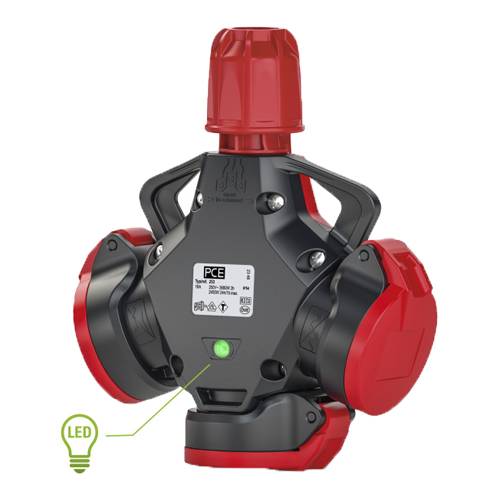 PC ELECTRIC 253842-SR - 3-Wege Kupplung mit Klappdeckel & LED-Anzeige (250V/16A | 3-pol. | IP54) - schwarz/rot