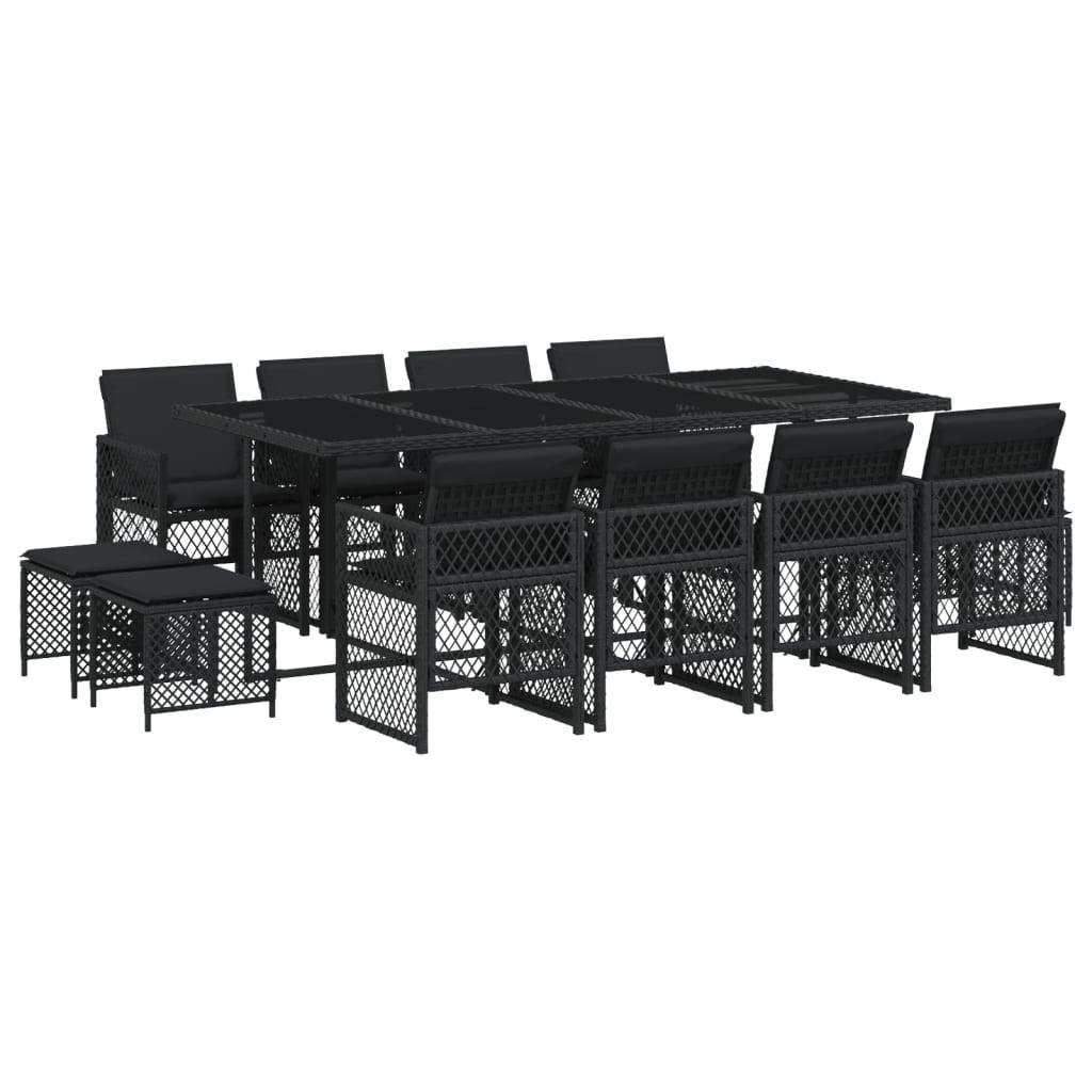 vidaXL 13-tlg. Garten-Essgruppe mit Kissen Schwarz Poly Rattan