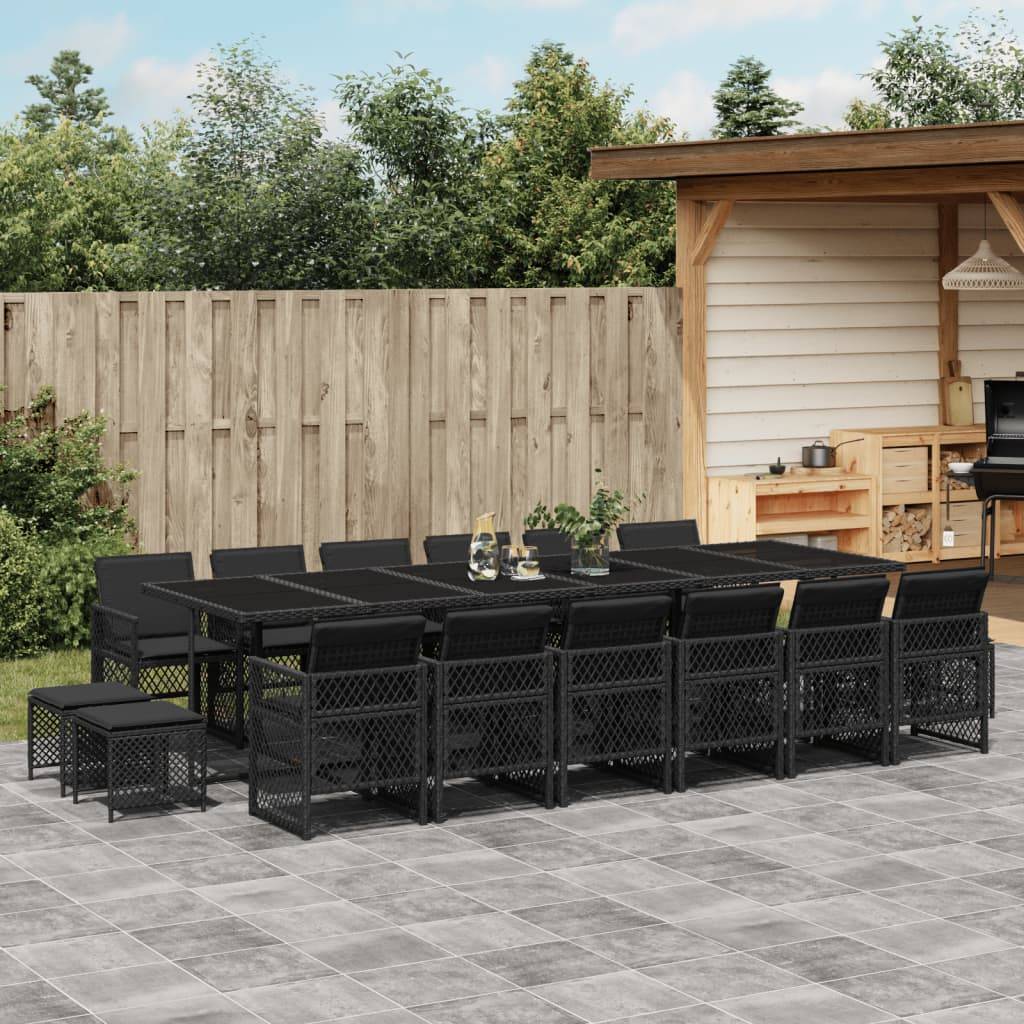 vidaXL 17-tlg. Garten-Essgruppe mit Kissen Schwarz Poly Rattan
