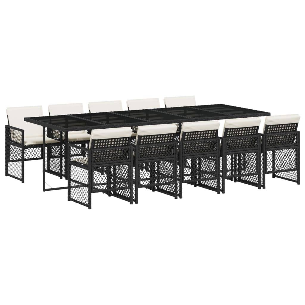 vidaXL 11-tlg. Garten-Essgruppe mit Kissen Schwarz Poly Rattan