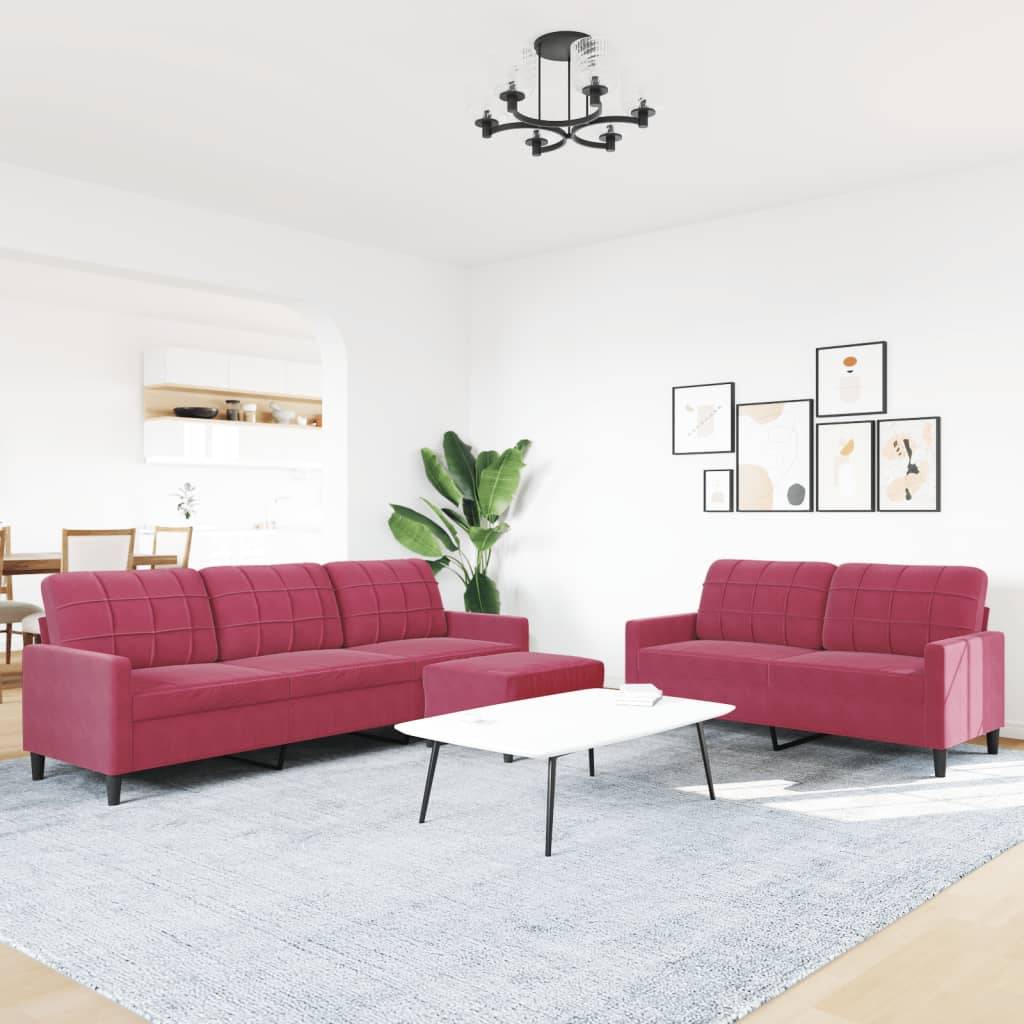 vidaXL 3-tlg. Sofagarnitur mit Kissen Weinrot Samt