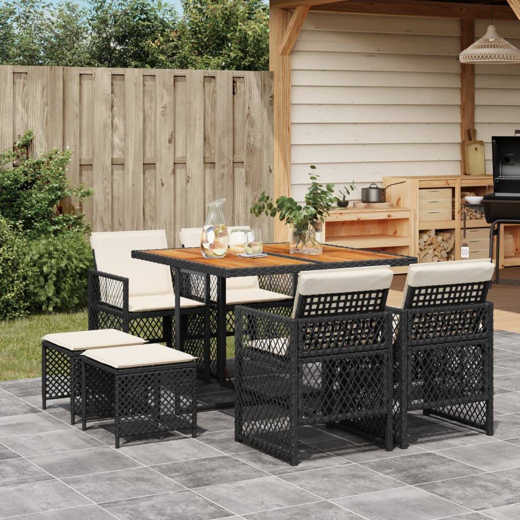 vidaXL 9-tlg. Garten-Essgruppe mit Kissen Schwarz Poly Rattan