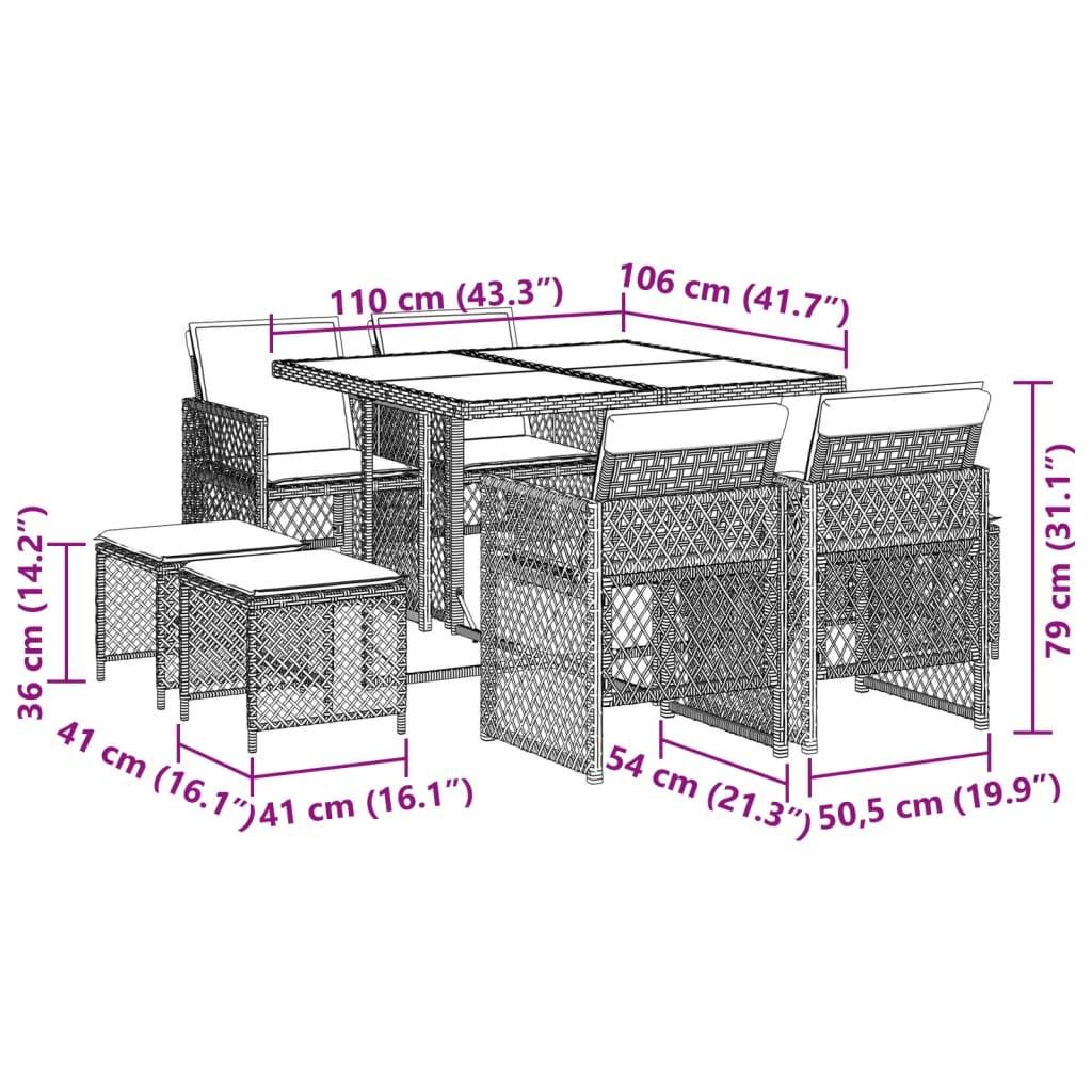 vidaXL 9-tlg. Garten-Essgruppe mit Kissen Grau Poly Rattan