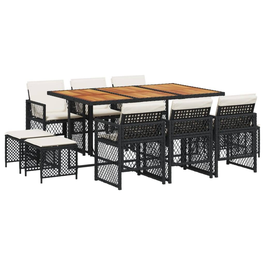 vidaXL 11-tlg. Garten-Essgruppe mit Kissen Schwarz Poly Rattan