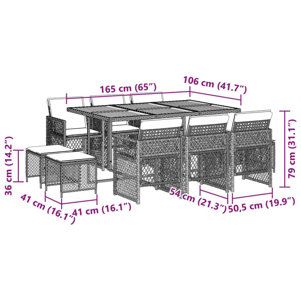vidaXL 11-tlg. Garten-Essgruppe mit Kissen Schwarz Poly Rattan