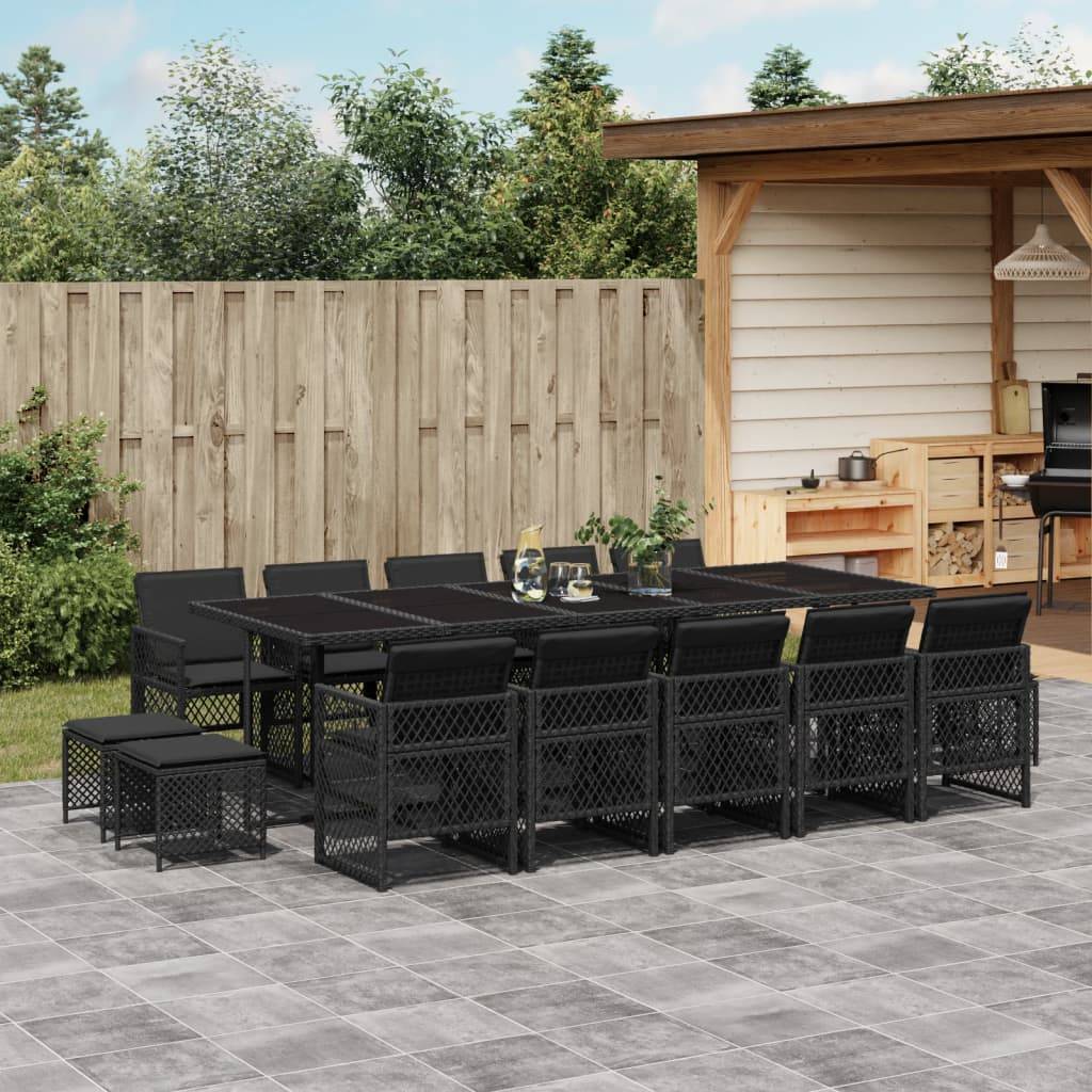 vidaXL 15-tlg. Garten-Essgruppe mit Kissen Schwarz Poly Rattan