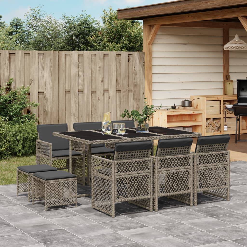 vidaXL 11-tlg. Garten-Essgruppe mit Kissen Grau Poly Rattan