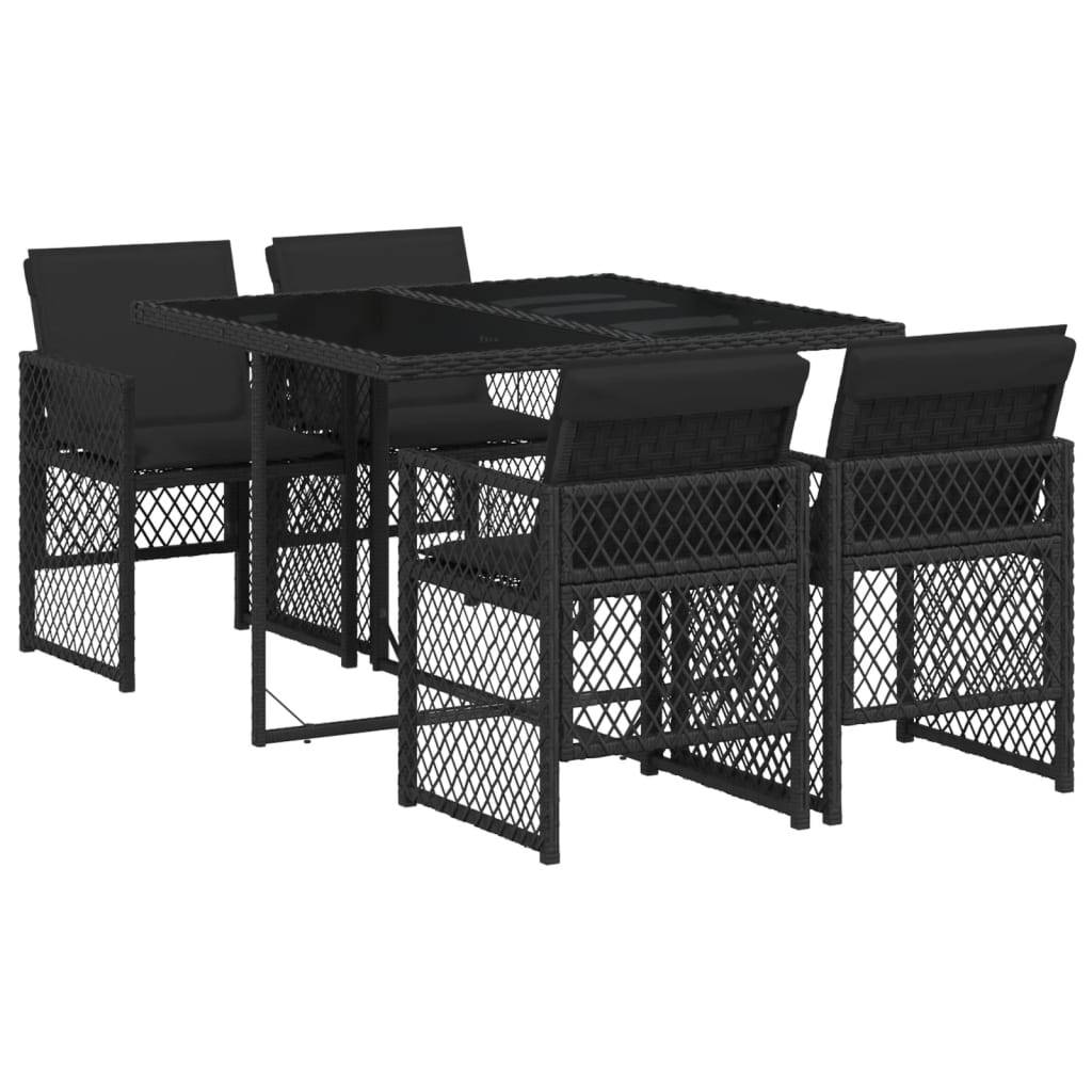 vidaXL 5-tlg. Garten-Essgruppe mit Kissen Schwarz Poly Rattan