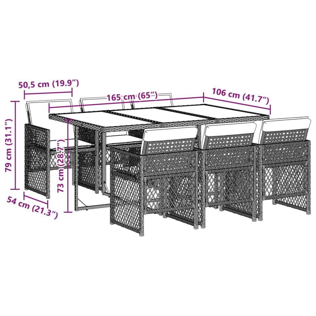 vidaXL 7-tlg. Garten-Essgruppe mit Kissen Grau Poly Rattan
