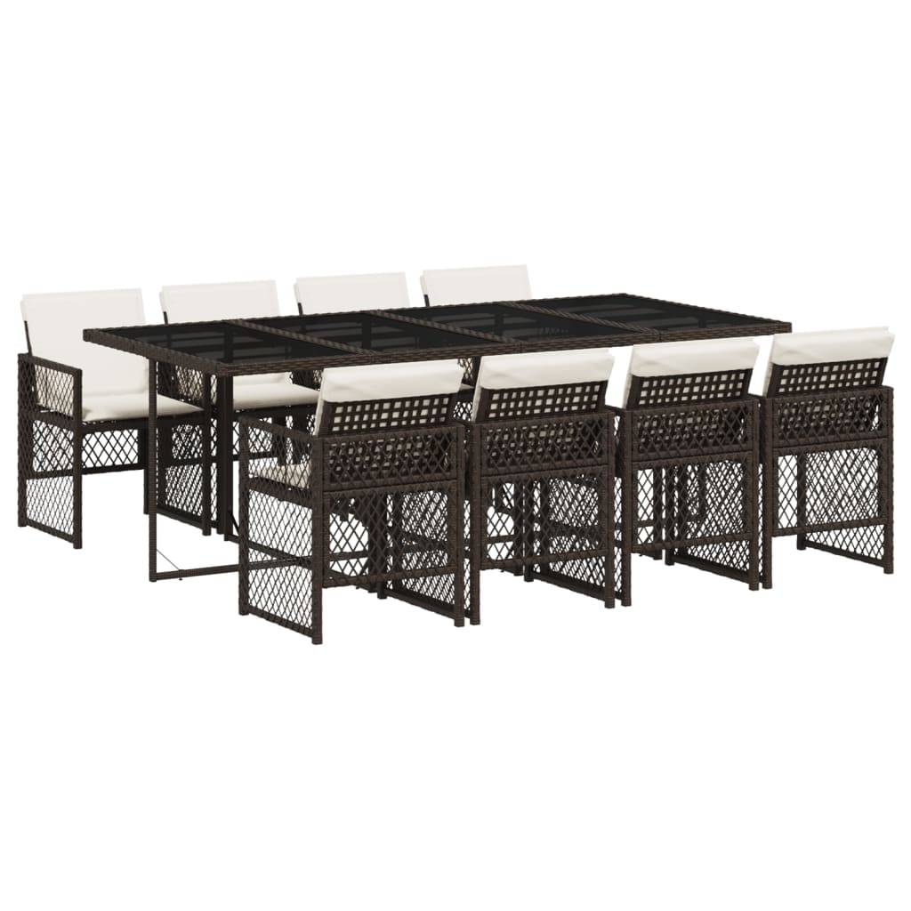 vidaXL 9-tlg. Garten-Essgruppe mit Kissen Braun Poly Rattan