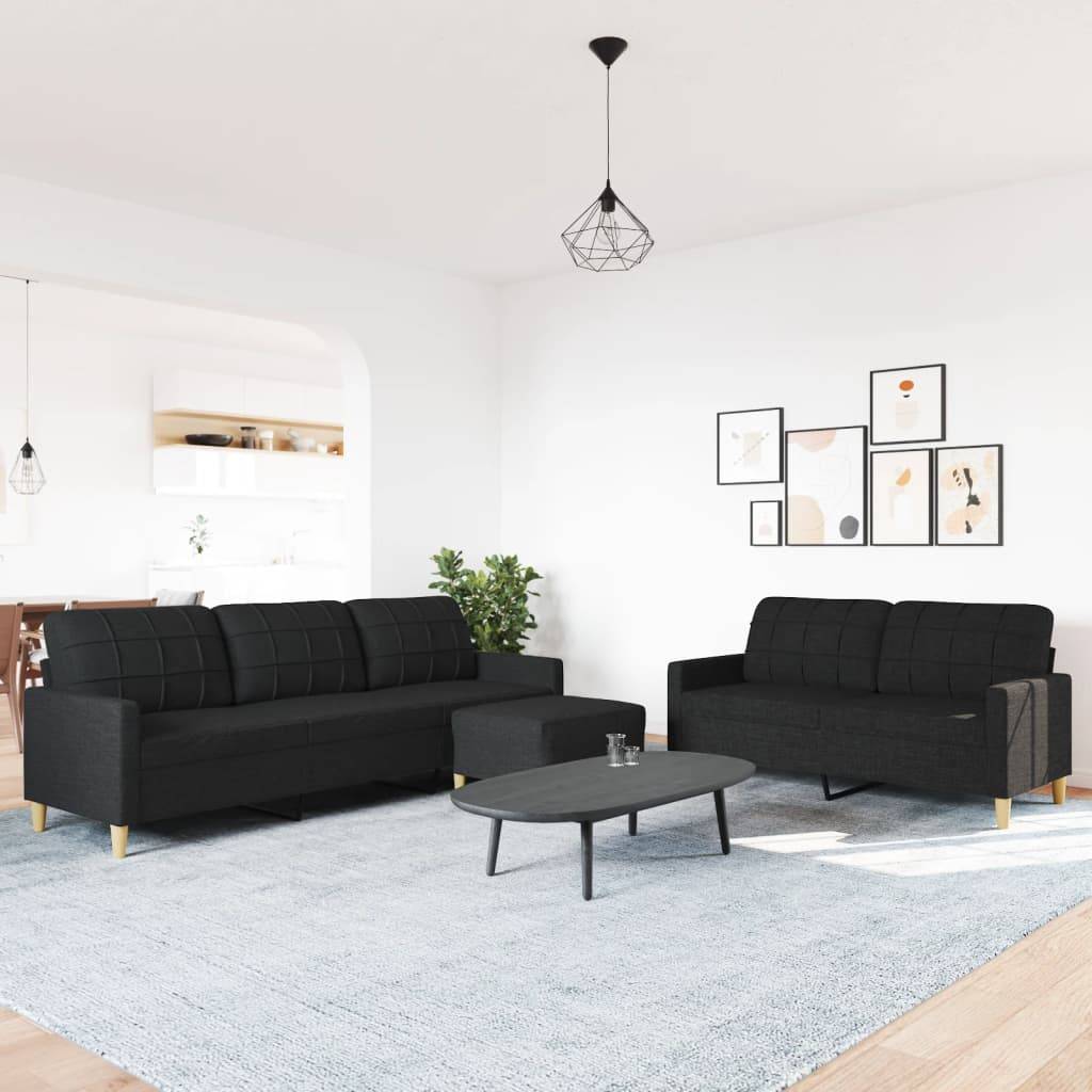 vidaXL 3-tlg. Sofagarnitur mit Fußhocker Schwarz Stoff