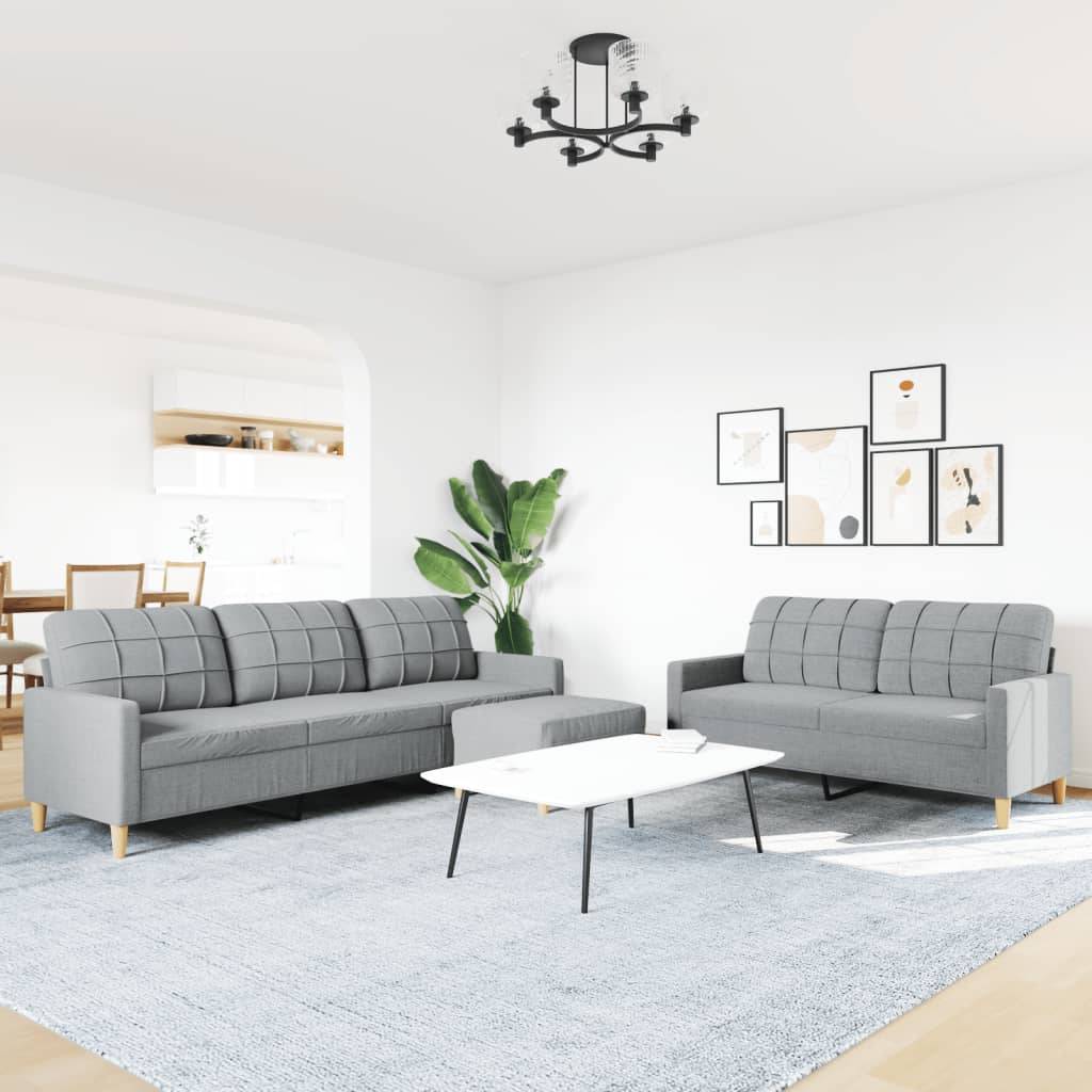 vidaXL 3-tlg. Sofagarnitur mit Fußhocker Hellgrau Stoff