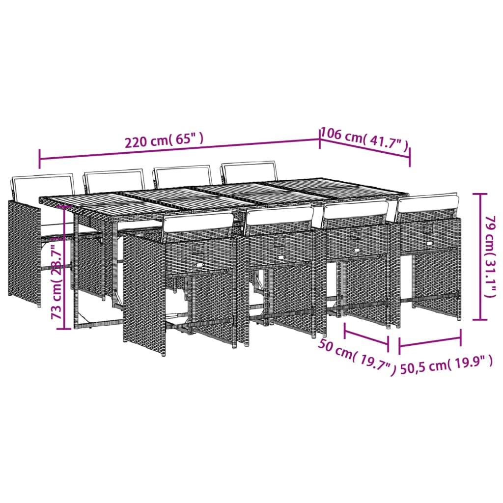 vidaXL 9-teiliges Garten-Ess-Set mit Kissen, grau, Polyrattan