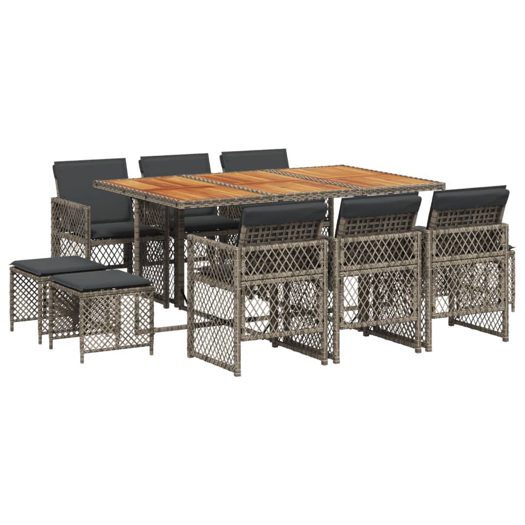 vidaXL 11-tlg. Garten-Essgruppe mit Kissen Grau Poly Rattan