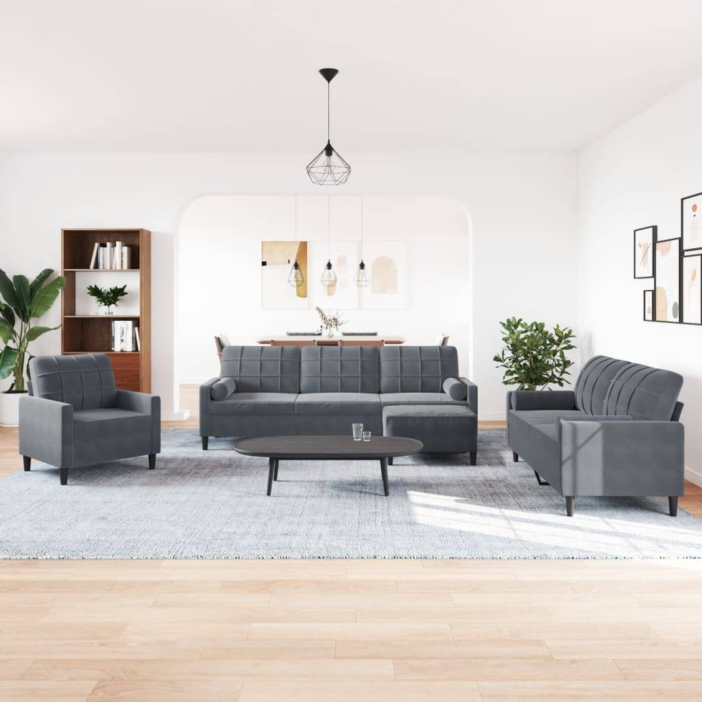vidaXL 4-tlg. Sofagarnitur mit Kissen und Nackenrollen Dunkelgrau Samt