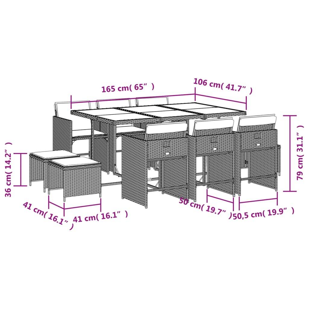 vidaXL 11-teiliges Garten-Ess-Set mit Kissen, grau, Polyrattan