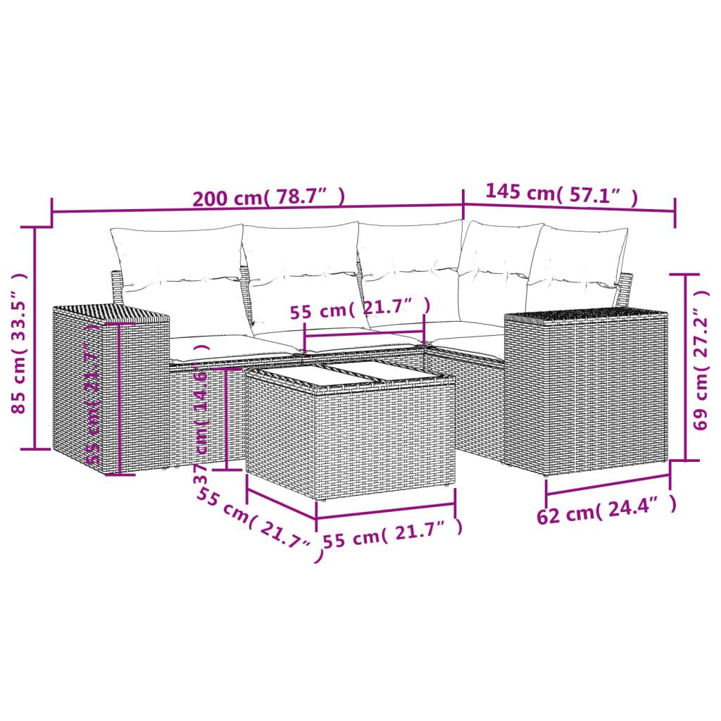 vidaXL 5-teiliges Gartensofa-Set mit Kissen, schwarzes Polyrattan