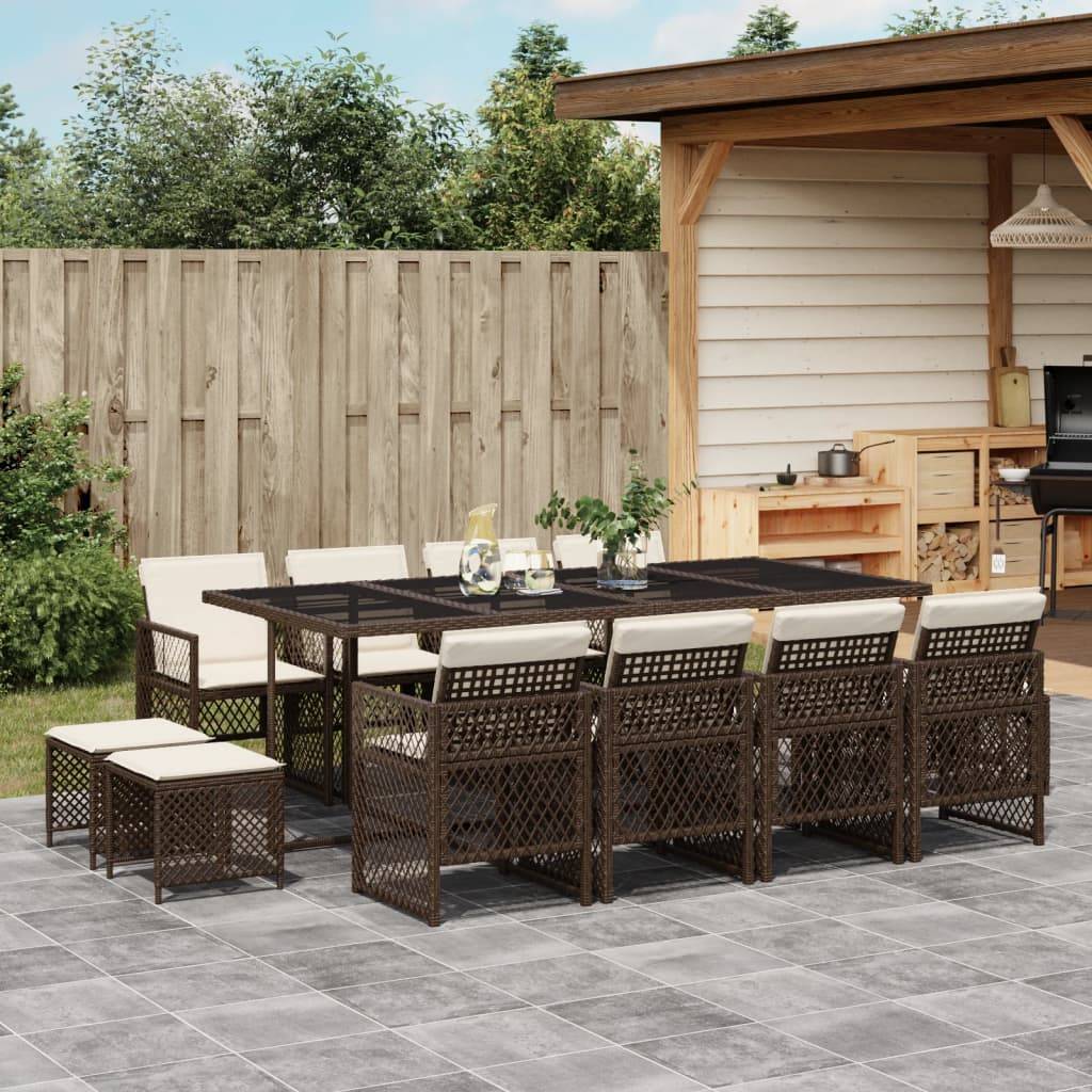 vidaXL 13-tlg. Garten-Essgruppe mit Kissen Braun Poly Rattan