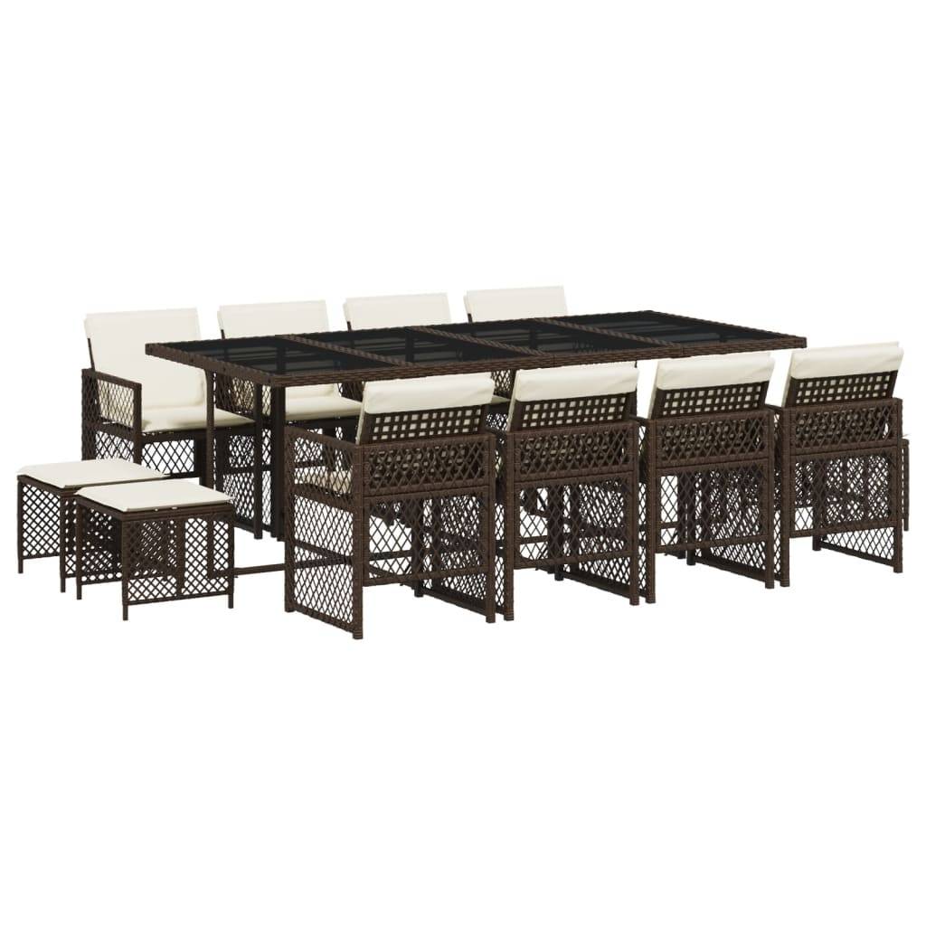 vidaXL 13-tlg. Garten-Essgruppe mit Kissen Braun Poly Rattan