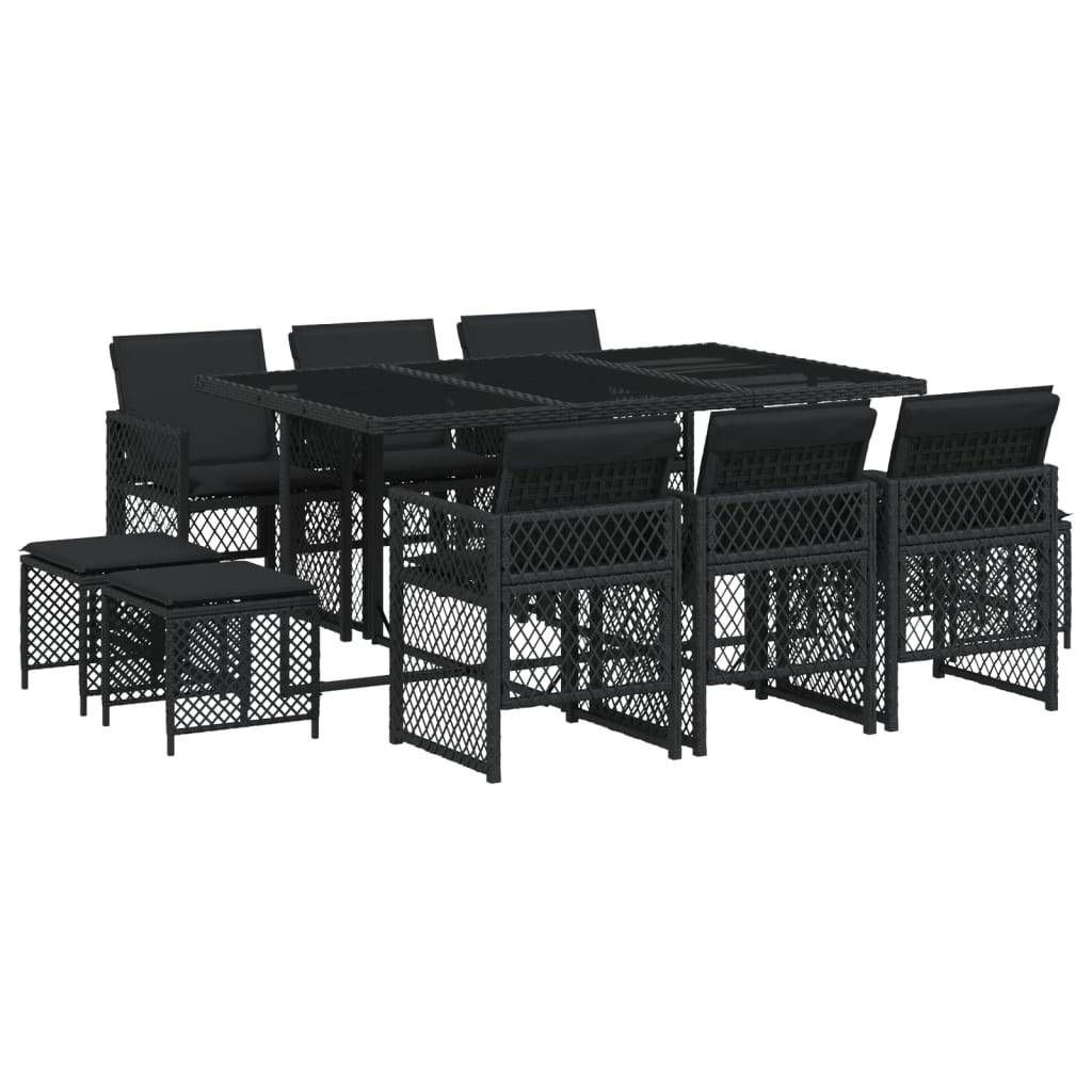vidaXL 11-tlg. Garten-Essgruppe mit Kissen Schwarz Poly Rattan