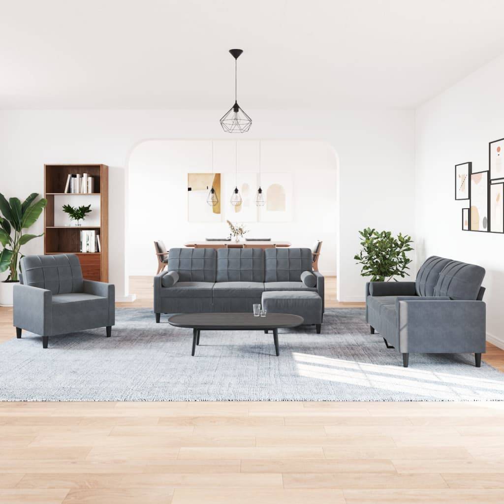 vidaXL 4-tlg. Sofagarnitur mit Kissen und Nackenrollen Dunkelgrau Samt