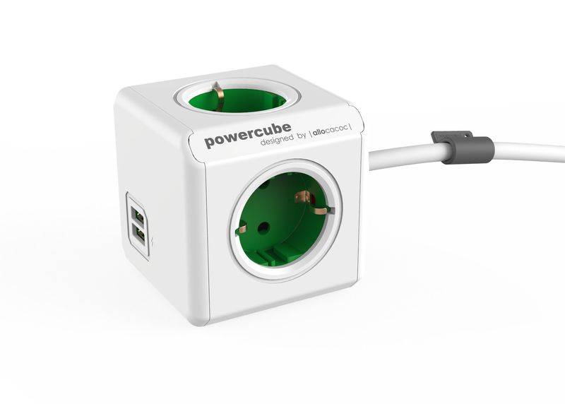 allocacoc PowerCube DuoUSB Extended Grün EU (10A max.), 4 fach Steckdosenverteiler mit 2,1 A USB Ladestrom, Weiß Grün