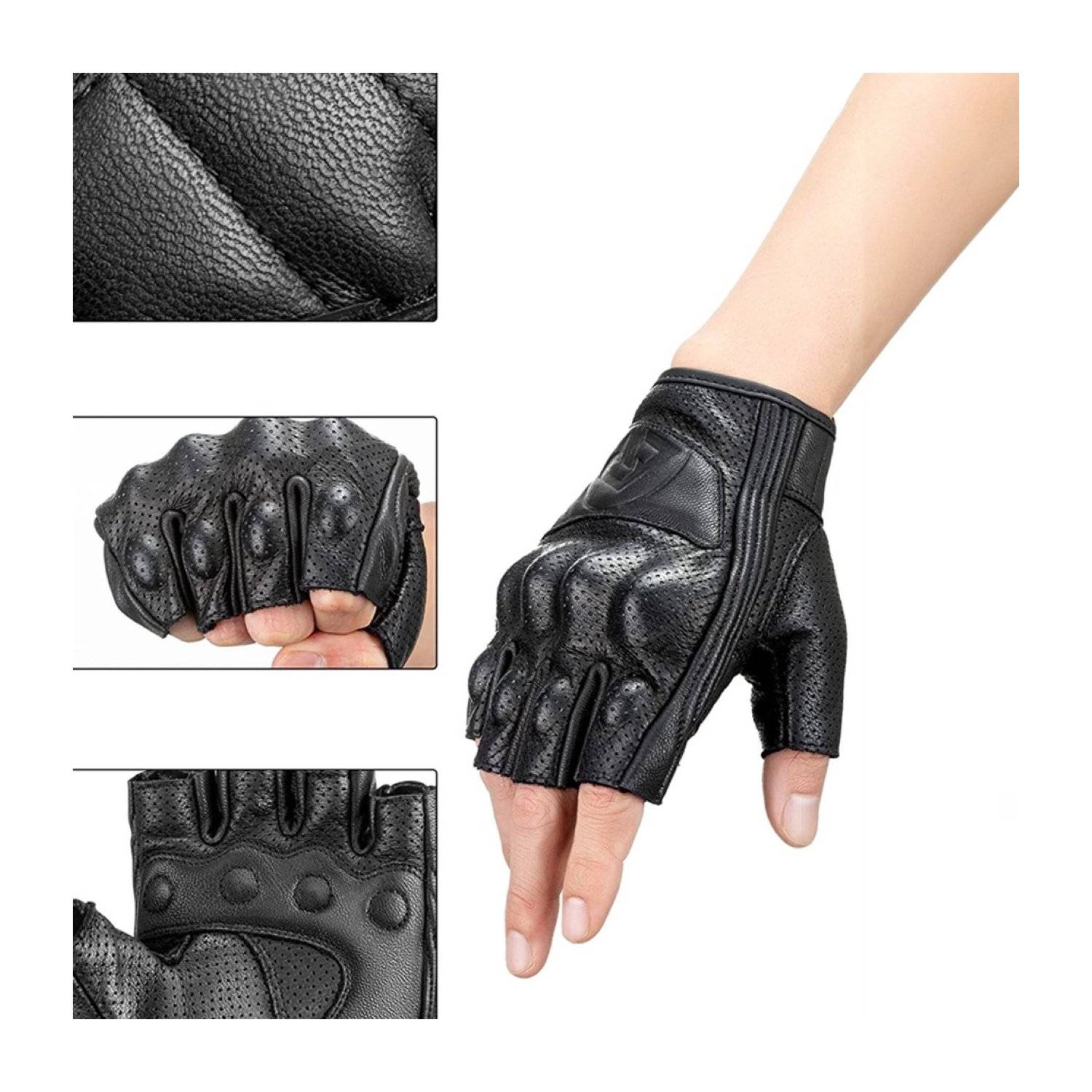 Rockbros Motorradhandschuhe in Schwarz aus Leder mit Knöchelprotektor Handschuhe M