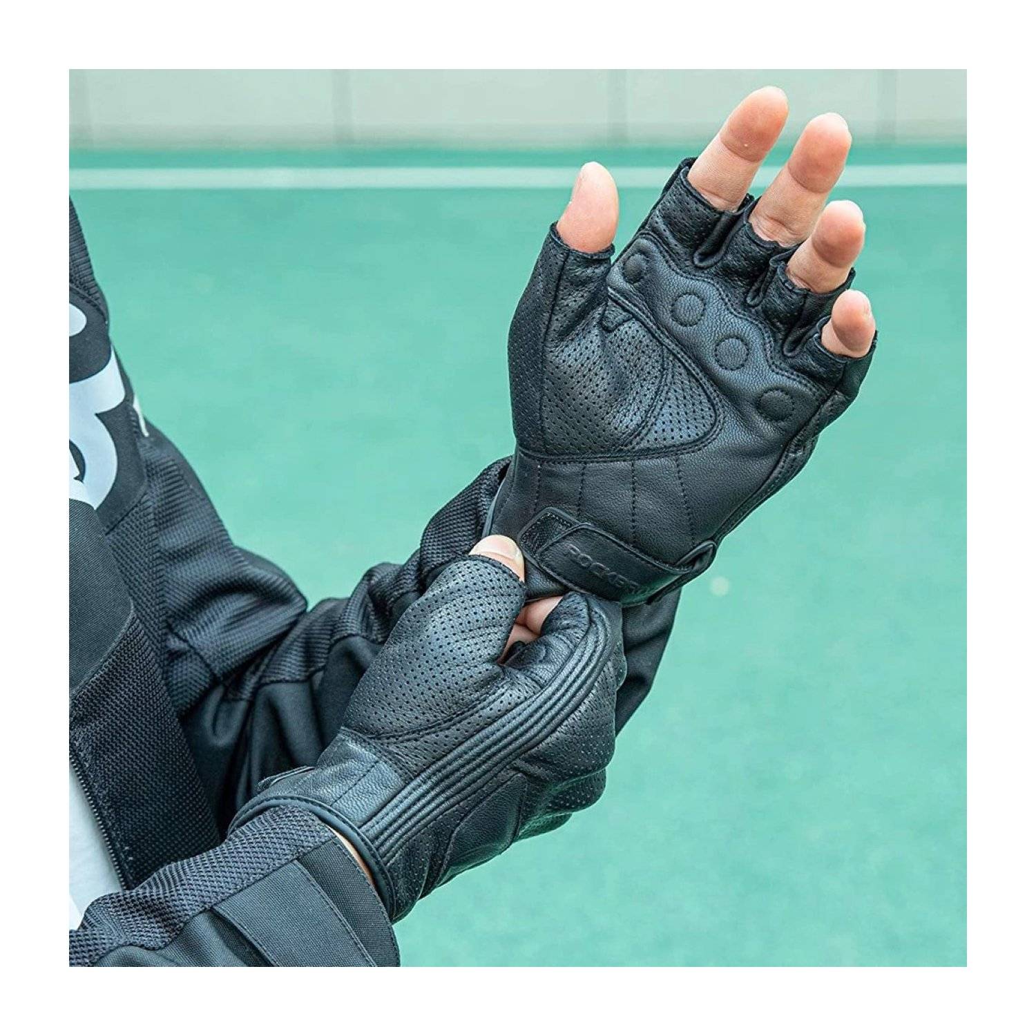 Rockbros Motorradhandschuhe in Schwarz aus Leder mit Knöchelprotektor Handschuhe M