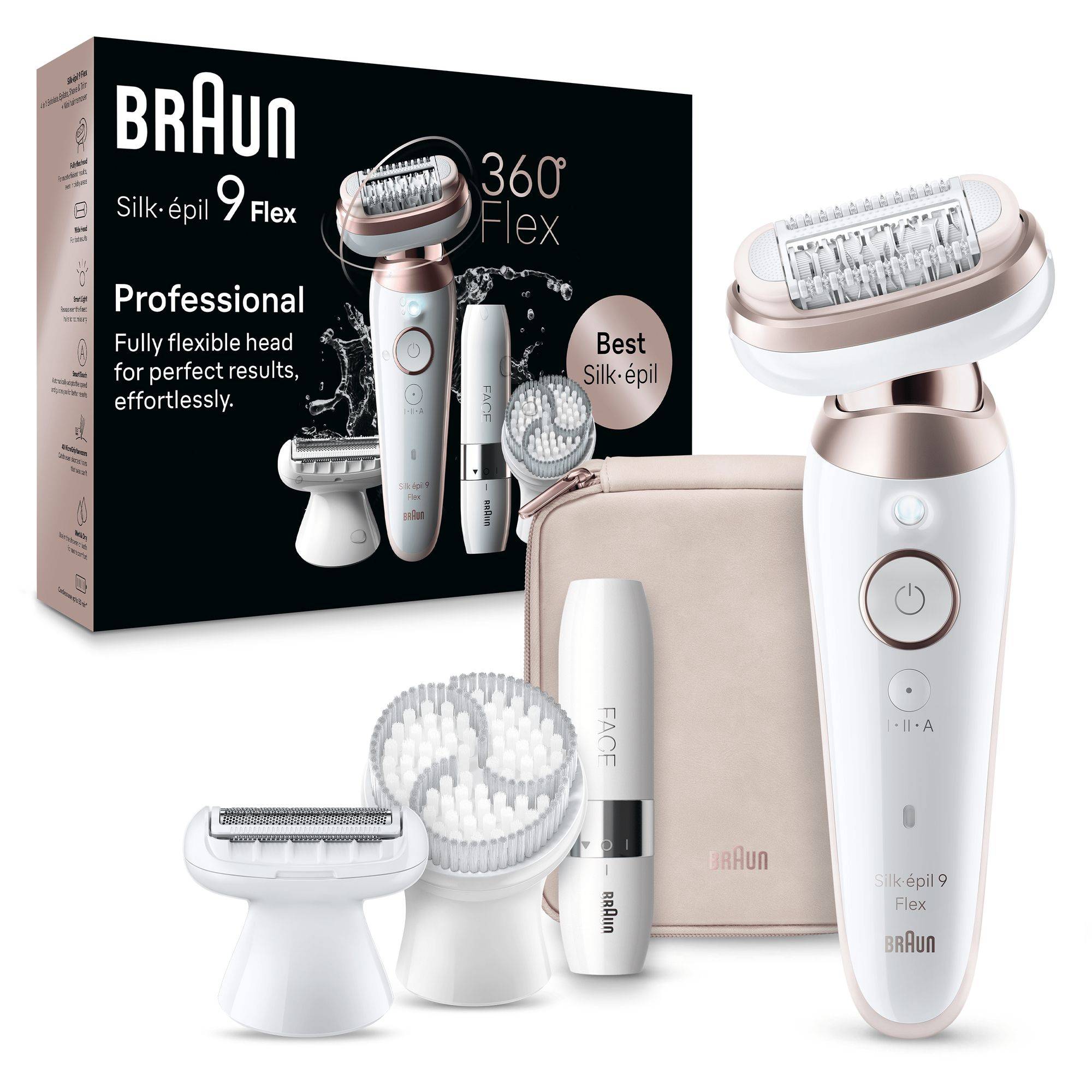 Braun Silk-épil 9 Flex Epilierer-Set mit Kopf, Aufsätzen, Ladegerät und beigefarbener Tasche neben der Produktverpackung.
