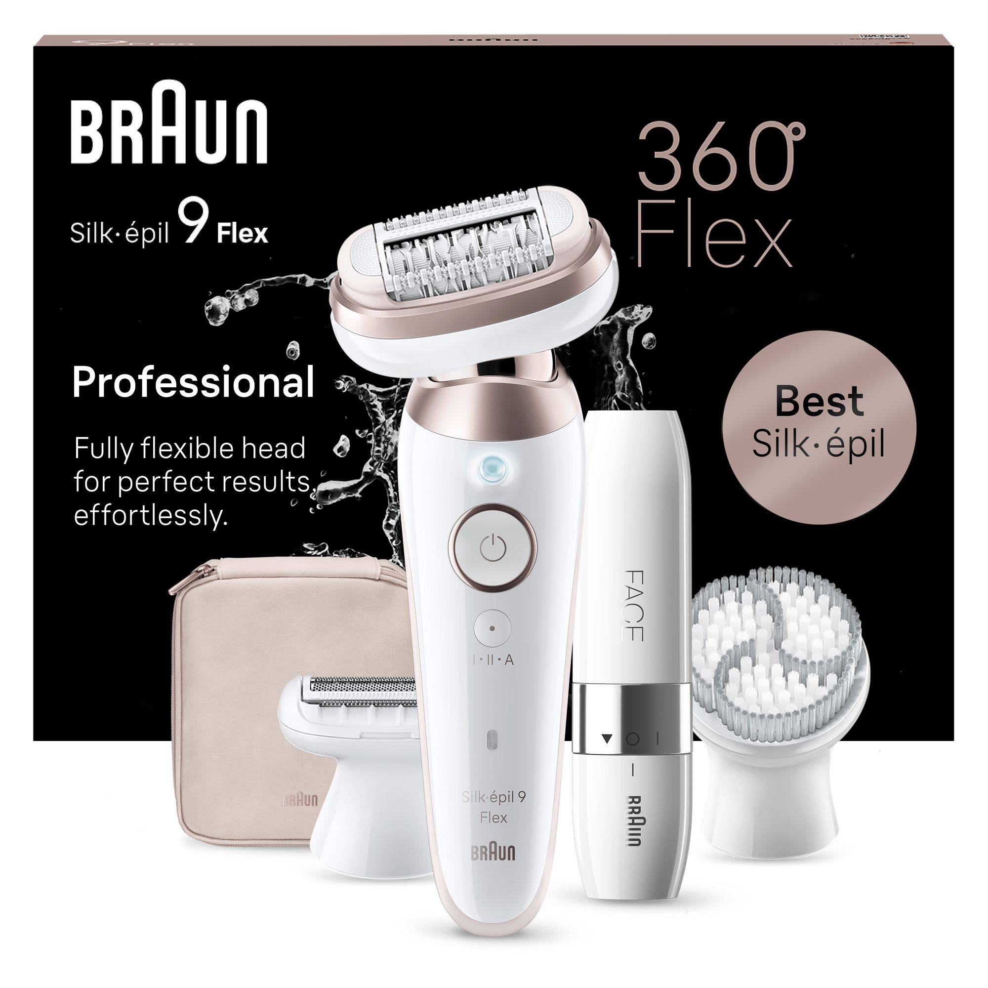 Braun Silk-épil 9 Flex Epiliergerät mit Zubehör und Etui, gekennzeichnet mit „360° Flex