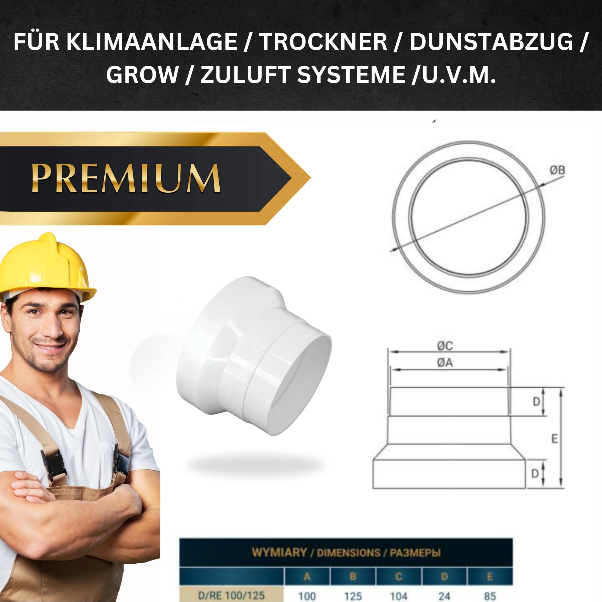 Reduzierstück 125 auf 100 mm 100mm Reduzierung für Klimaanlage Abluft Abwasser 100er Rohr Klimagerät Abluftlüfter